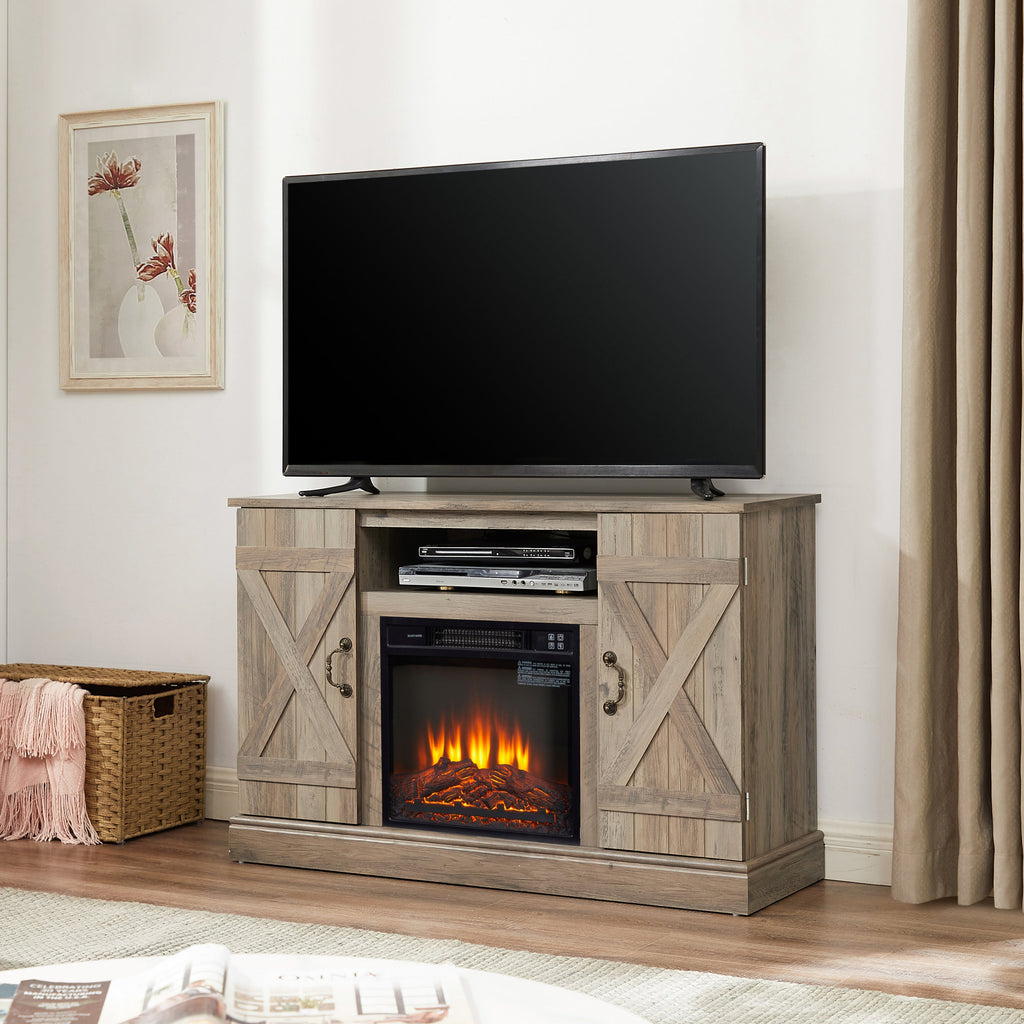 American retro Farmhouse Classic Media TV Stand Antique Entertainment Console with 18' Electric Fireplace Insert for TV up to 50' with Open and Closed Storage Space, Gray Wash 47'W*15.5'D*30.75'H