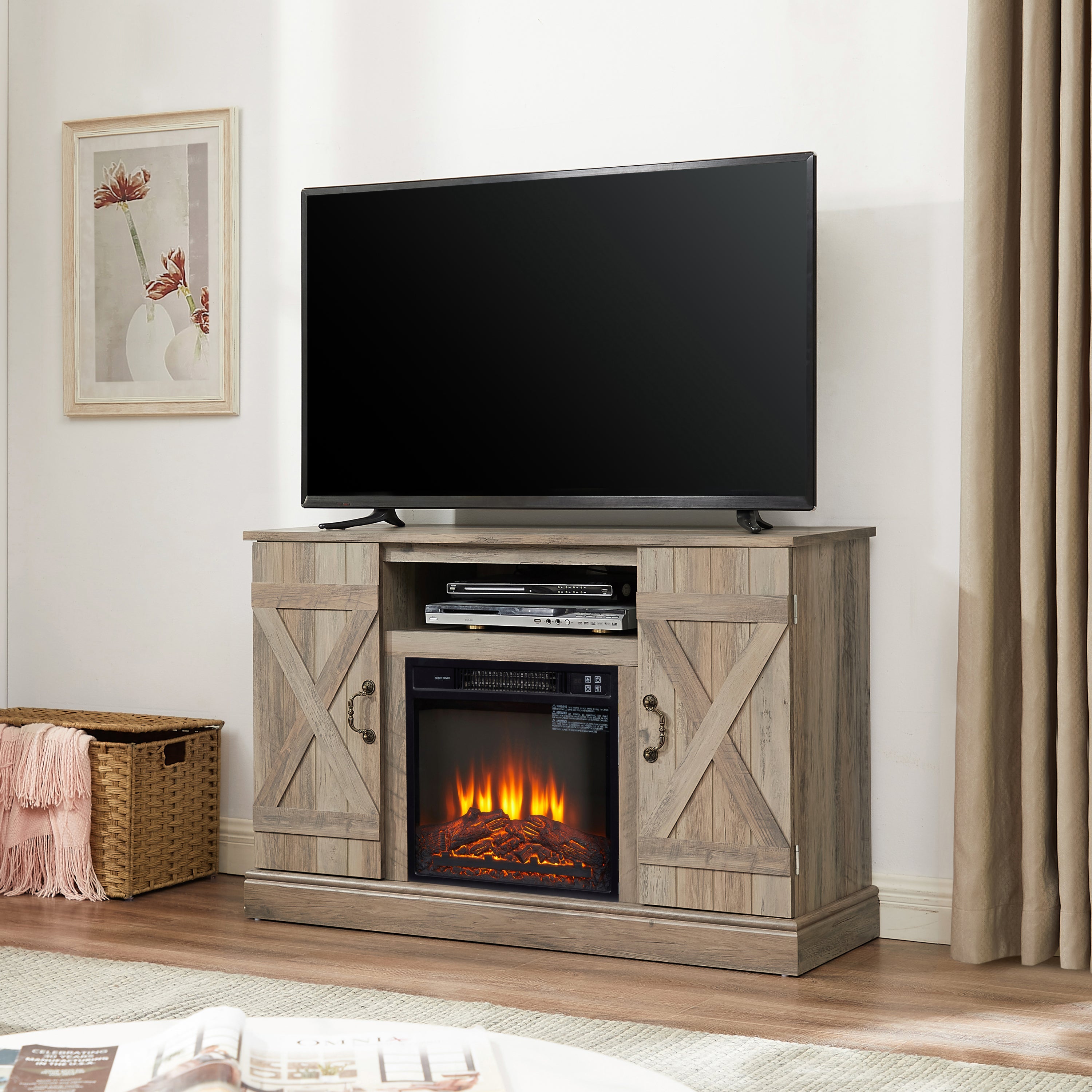 American retro Farmhouse Classic Media TV Stand Antique Entertainment Console with 18' Electric Fireplace Insert for TV up to 50' with Open and Closed Storage Space, Gray Wash 47'W*15.5'D*30.75'H