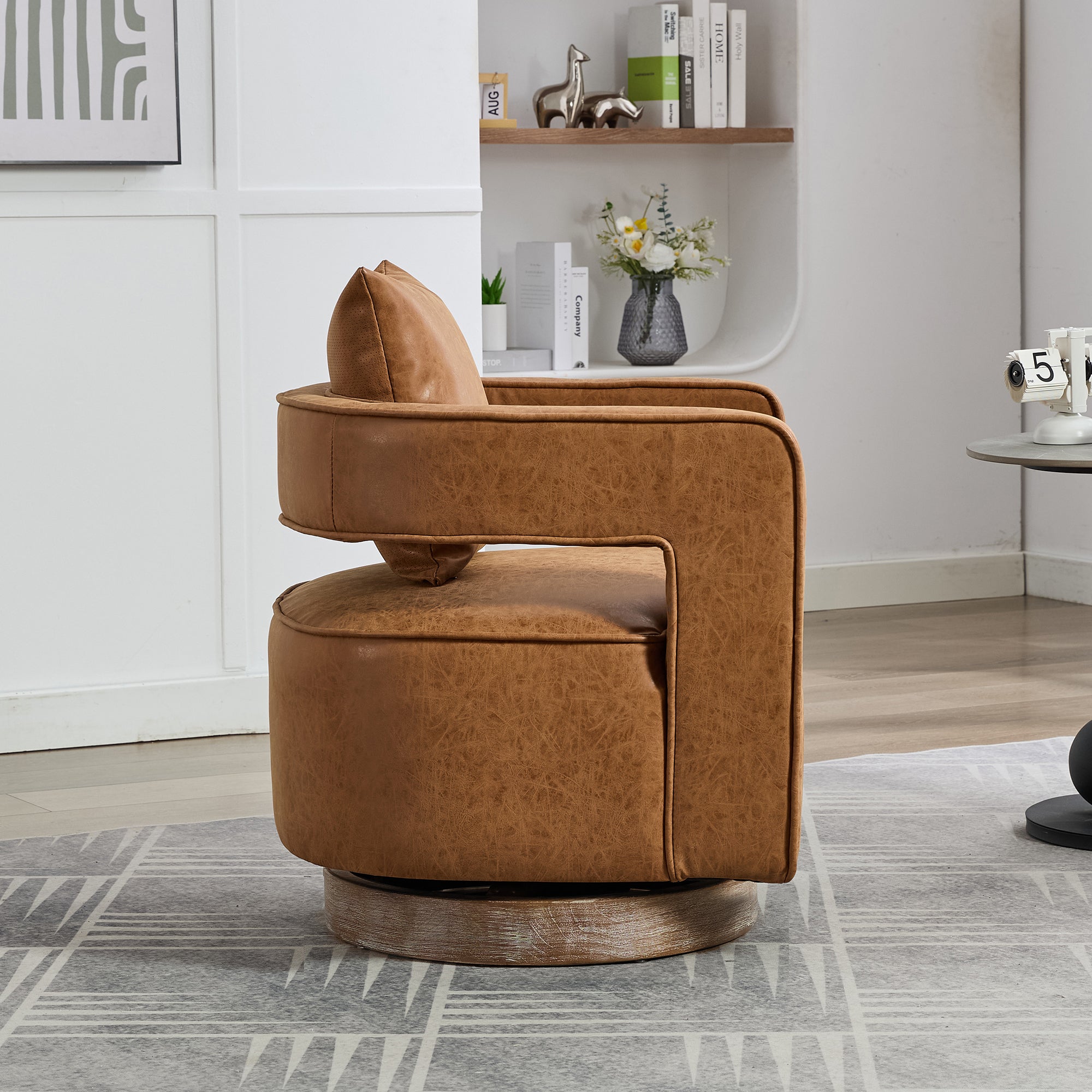 29.1'W Swivel Accent Open Back Barrel Chair Modern Comfy Sofa Chair With Weathered Base For Nursery Bedroom Living Room Hotel Office, Club Chair Leisure Arm Chair For Lounge (Brown,PU)