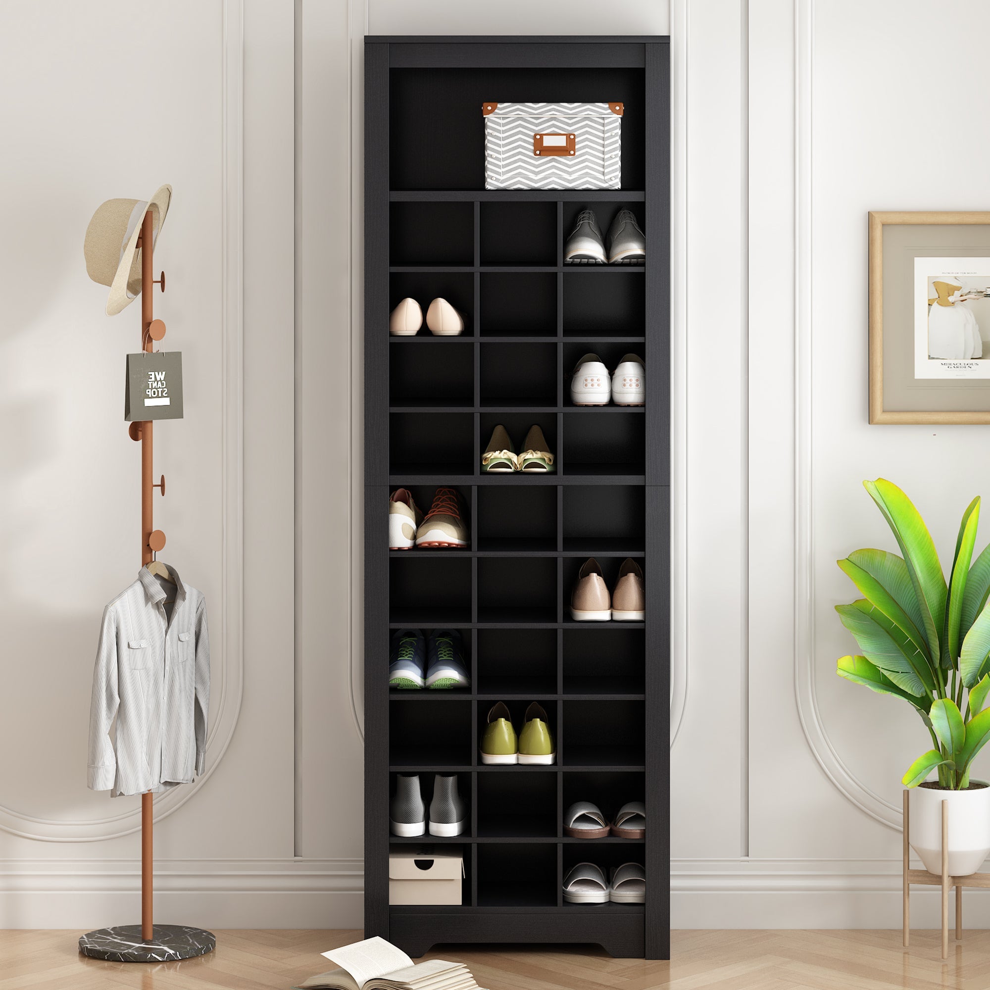 ON-TREND Stylish Design 30 Shoe Cubby Console, Contemporary Shoe Cabinet with Multiple Storage Capacity, Free Standing Tall Cabinet with Versatile Use for Hallway,  Bedroom, Black