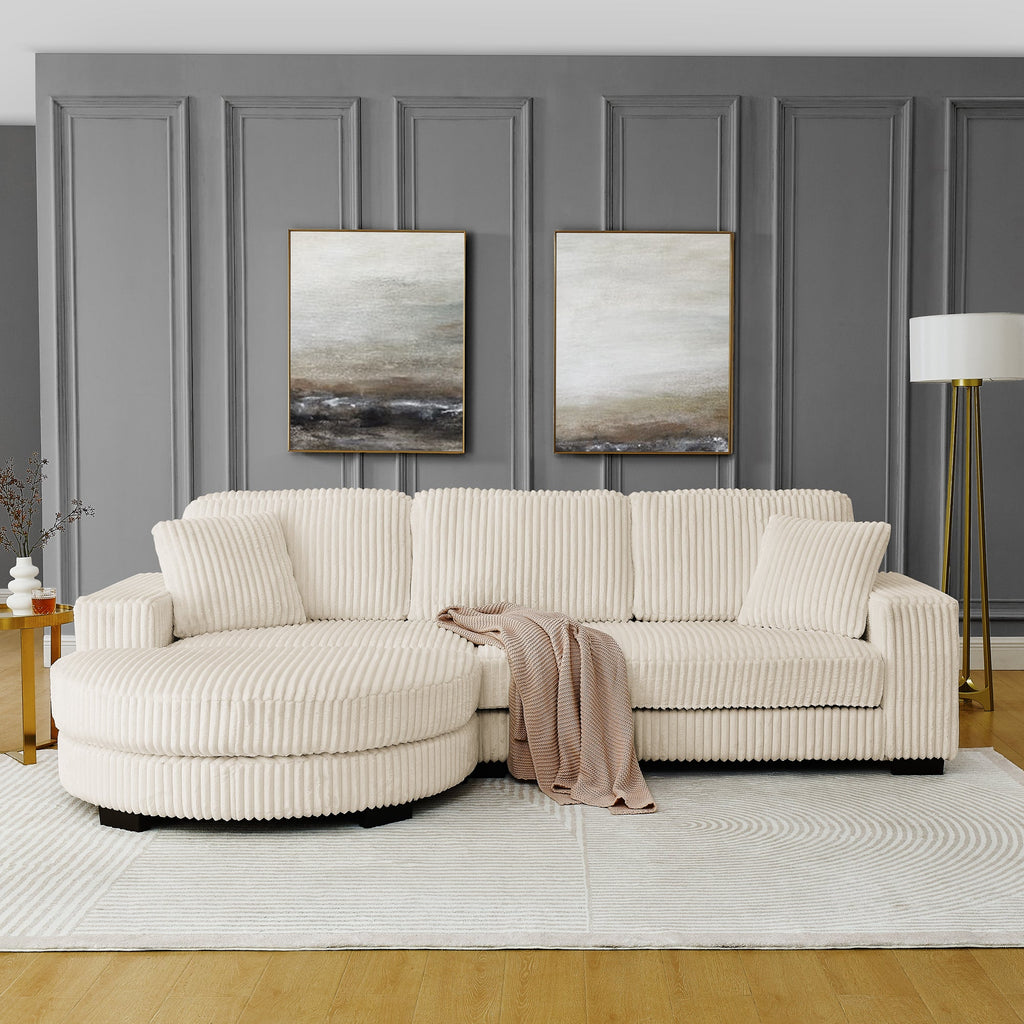 Corduroy Tufted Upholstered Sleeper Sectional Sofa, L-Shaped Modular Convertible Sofa ,The arc-shaped footstool can be placed freely on the left and right-Beige