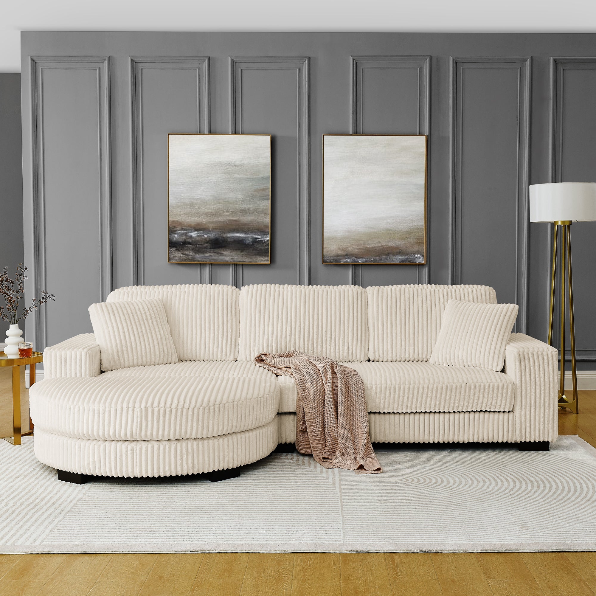 Corduroy Tufted Upholstered Sleeper Sectional Sofa, L-Shaped Modular Convertible Sofa ,The arc-shaped footstool can be placed freely on the left and right-Beige
