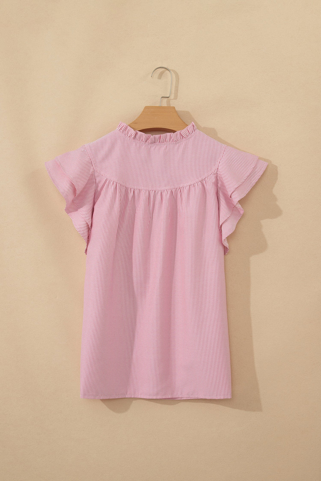 Stripe Frilled Split Neck Ruffle Sleeve Blouse