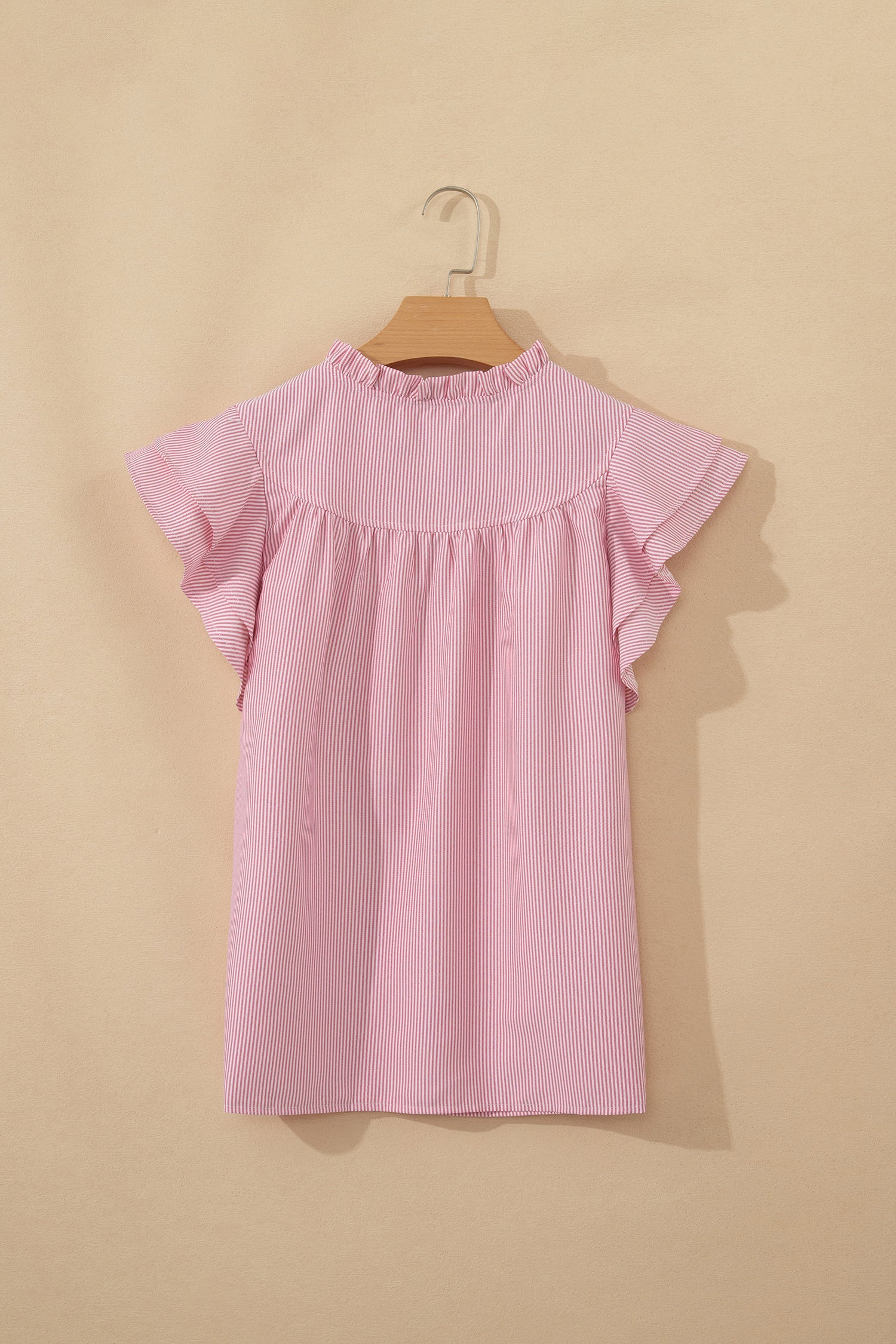 Stripe Frilled Split Neck Ruffle Sleeve Blouse
