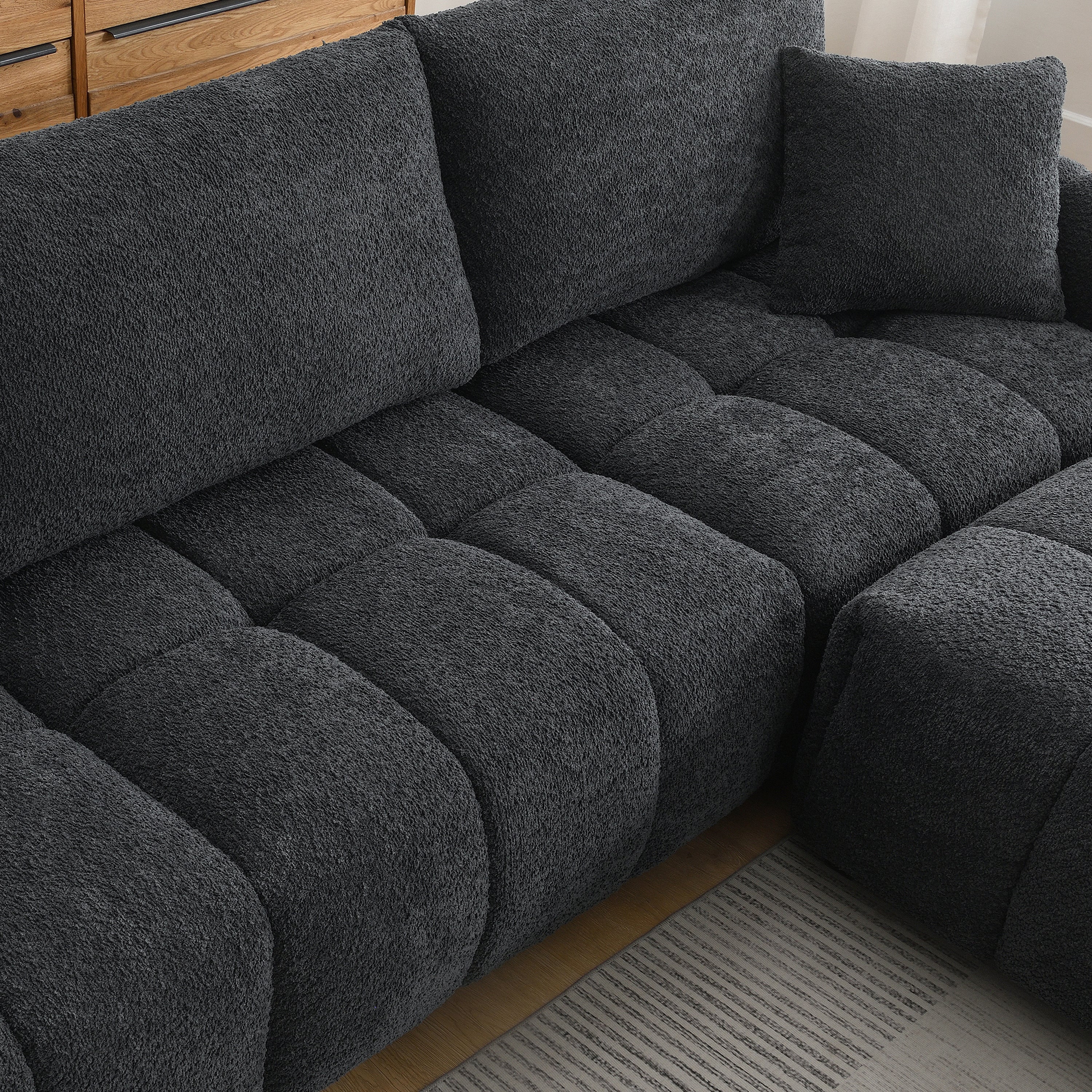 [VIDEO] 110' Modular Sectional Sofa, L Shape with Extra-large Seat, Pull-line Design, Movable Ottoman, High Density Foam, Free Combination, Sturdy Metal&Wood Frame, Boucle Fabric, 3 Colors