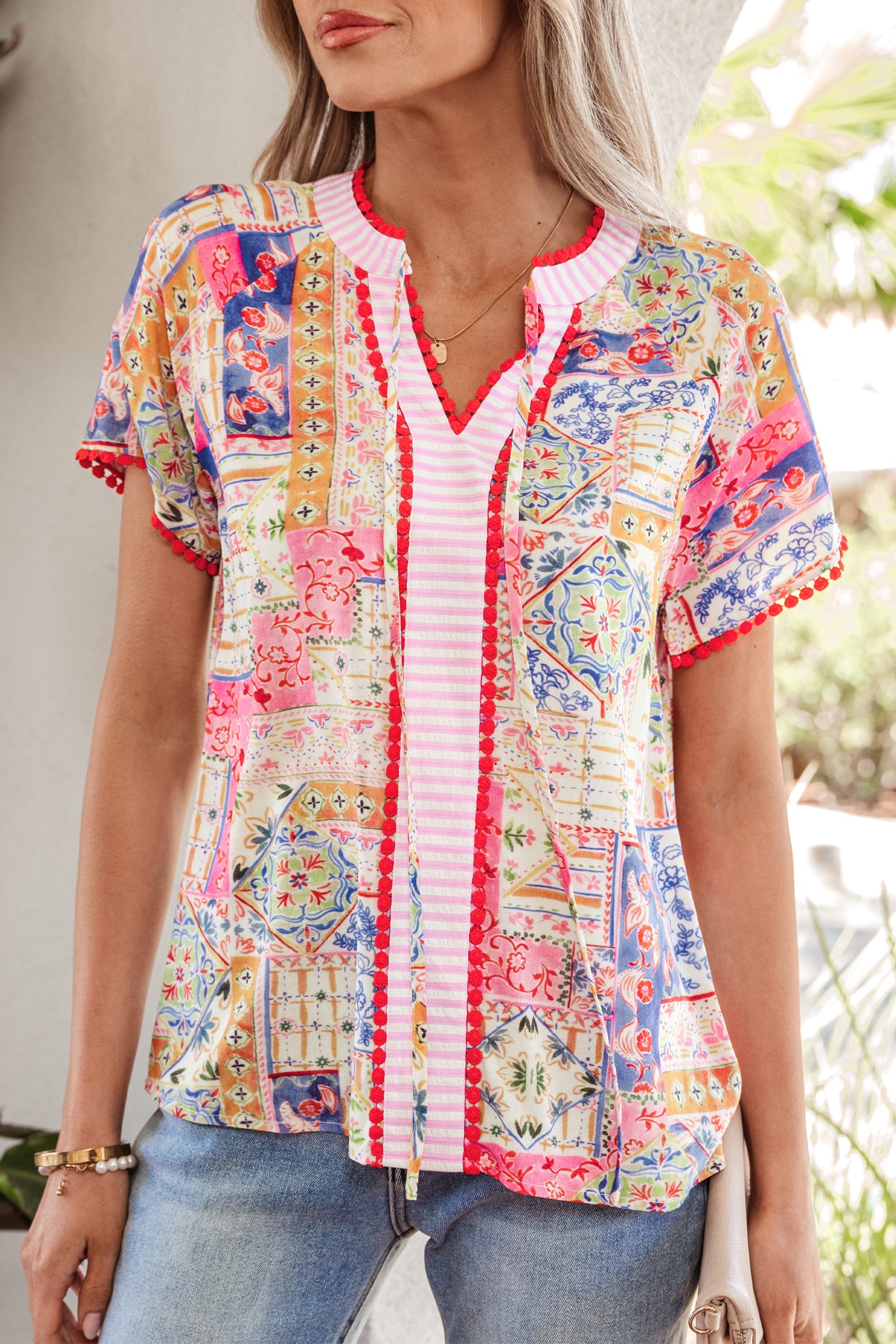Boho Patchwork Tied V-Neck Short Sleeve Blouse