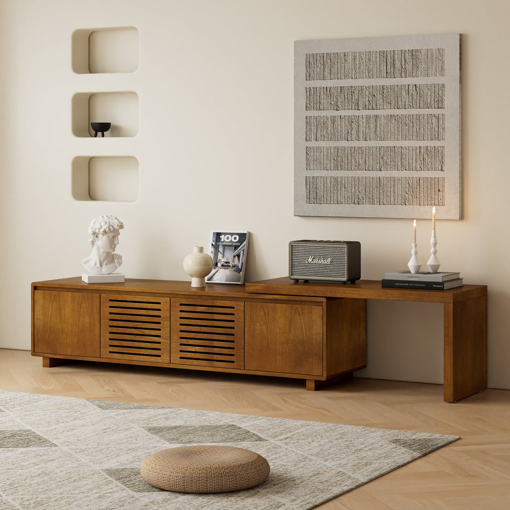63' Mid-Century Modern Extendable TV Stand for TVs up to 75', Media Console TV Cabinet for Living Room, Farmhouse Entertainment Cabinet with Storage & Adjustable Panel