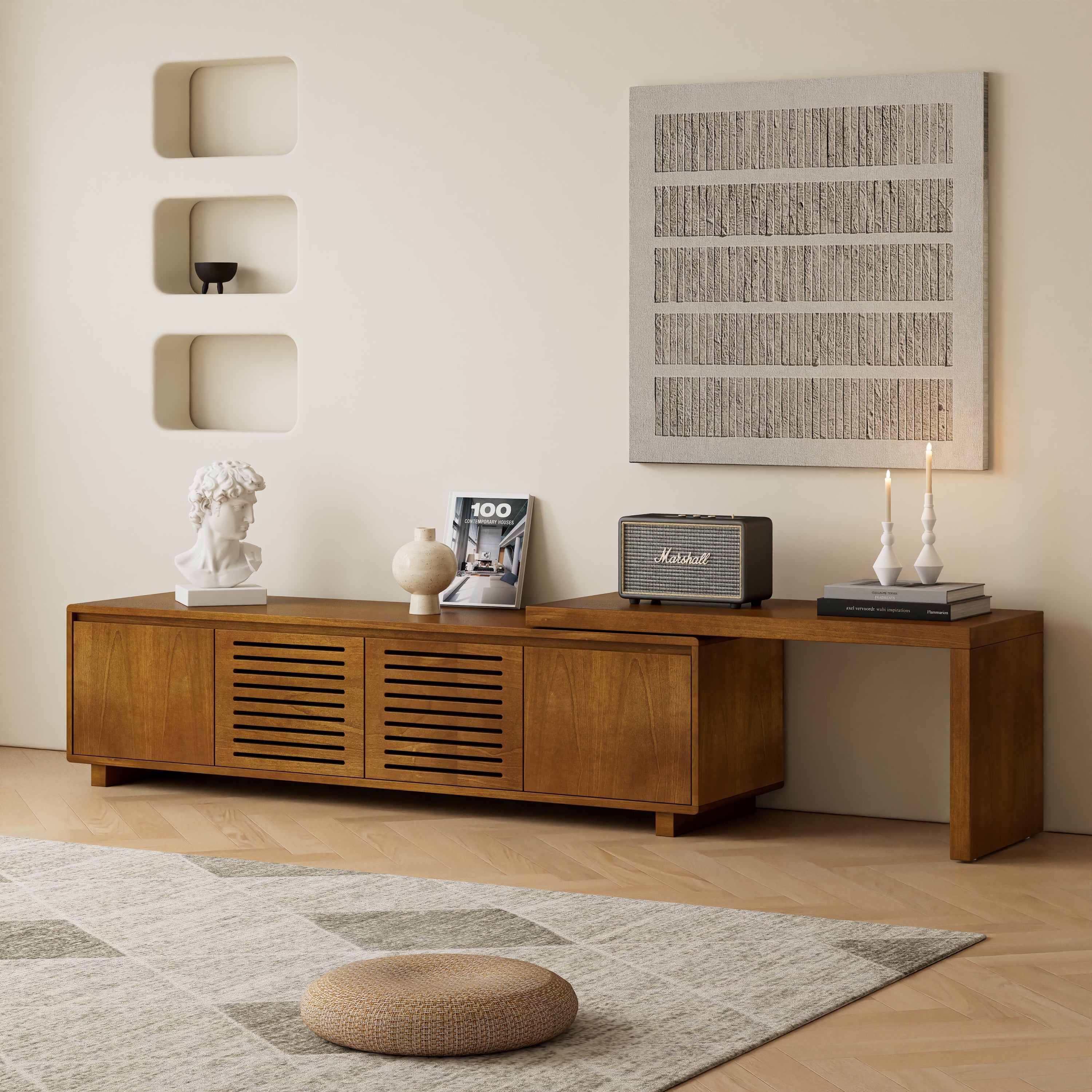 63' Mid-Century Modern Extendable TV Stand for TVs up to 75', Media Console TV Cabinet for Living Room, Farmhouse Entertainment Cabinet with Storage & Adjustable Panel