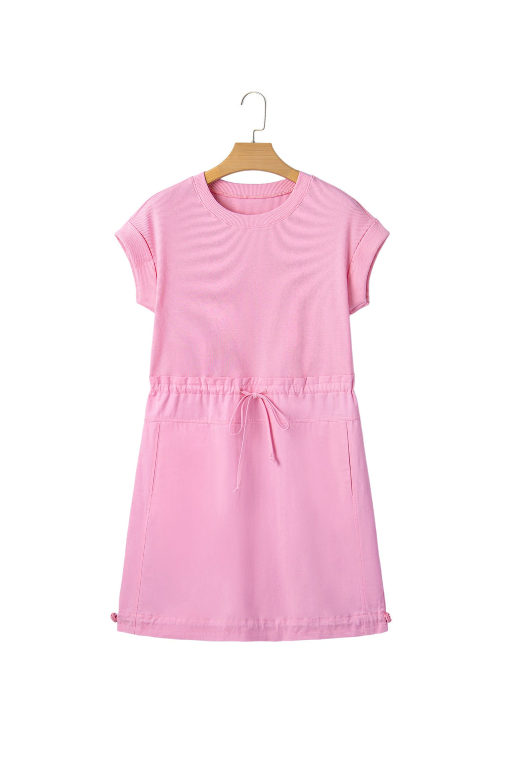 Solid Ribbed Knit Patchwork Drawstring Mini Dress