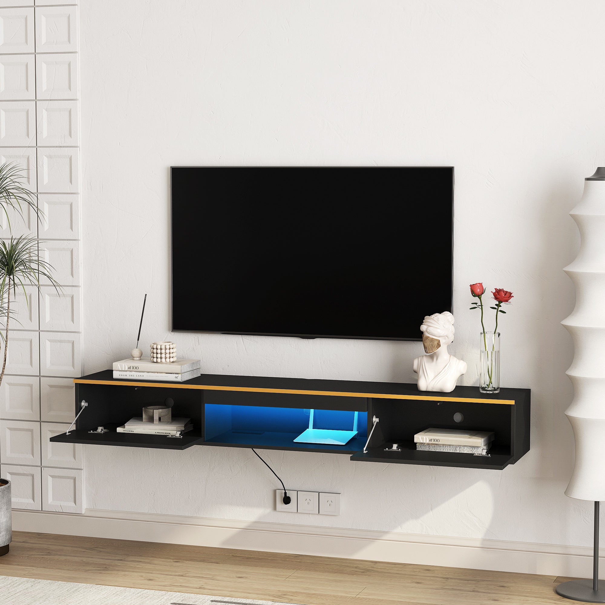 Floating TV Stand Wall Mounted with 16 Color LEDs,69' Modern TV Stand, Floating TV Cabinet Entertainment Center for 55 60 65 Inch TV,Black