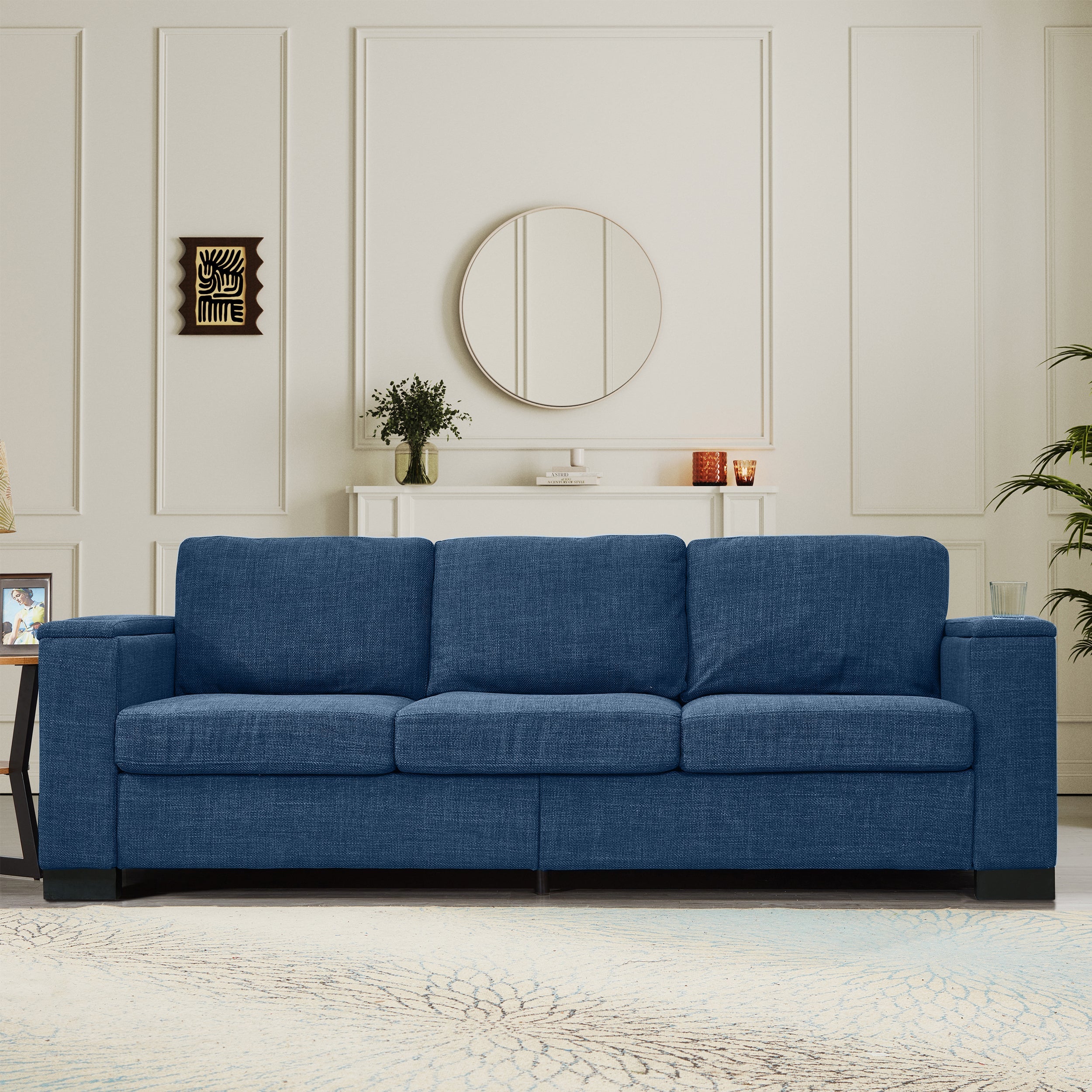 93.7' Modern Style Living Room Sofa Fabric Couch,Square Arm Sofa with Cup Holder,Storage Sofa,Upholstered Polyester Blue.