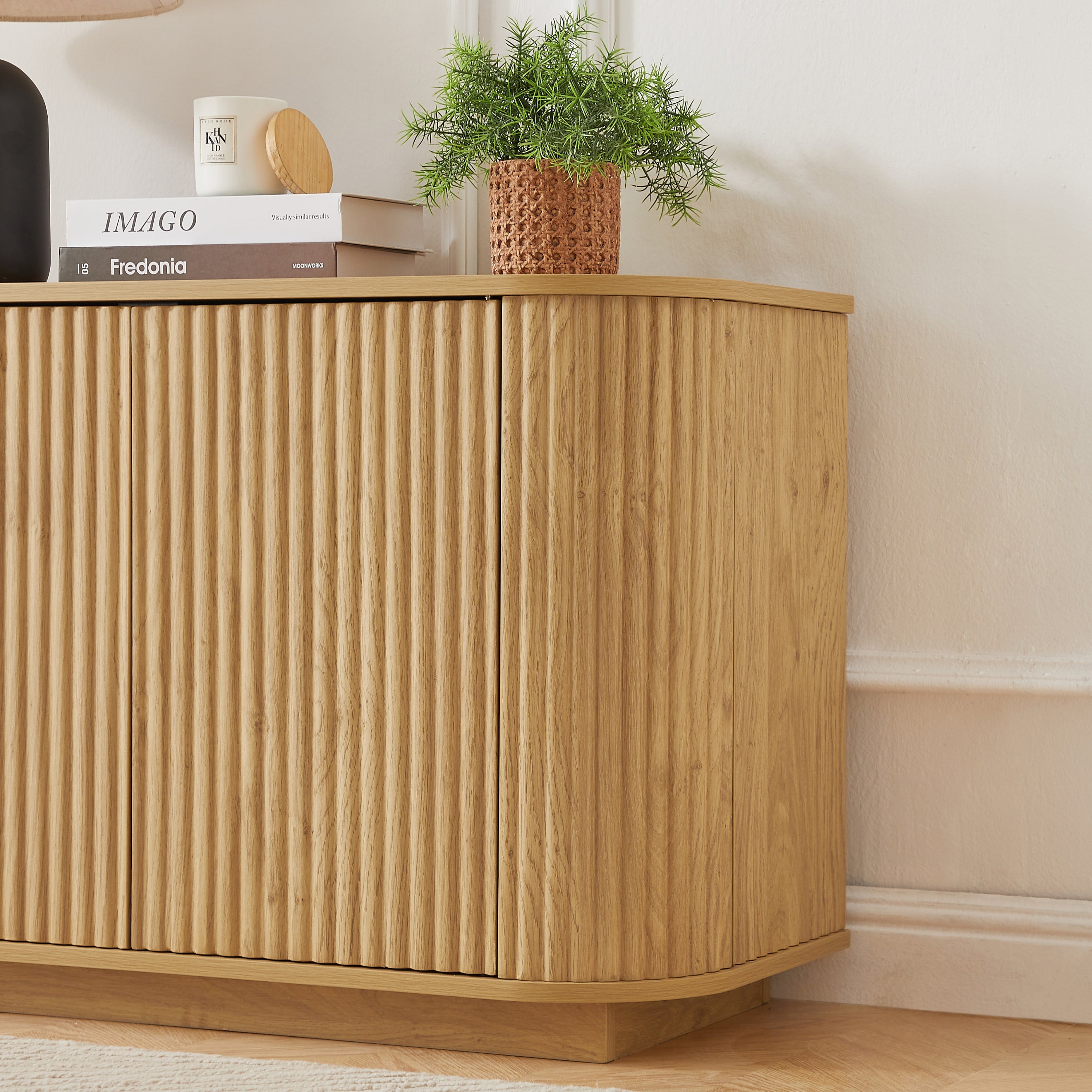 Sideboard Storage Cabinet TV Stand with wave pattern Buffet Cabinet Wooden Vertical Striped Cabinet for Kitchen/Bedroom/Entryway. Natural, 64''W x 15''D x 24''H.