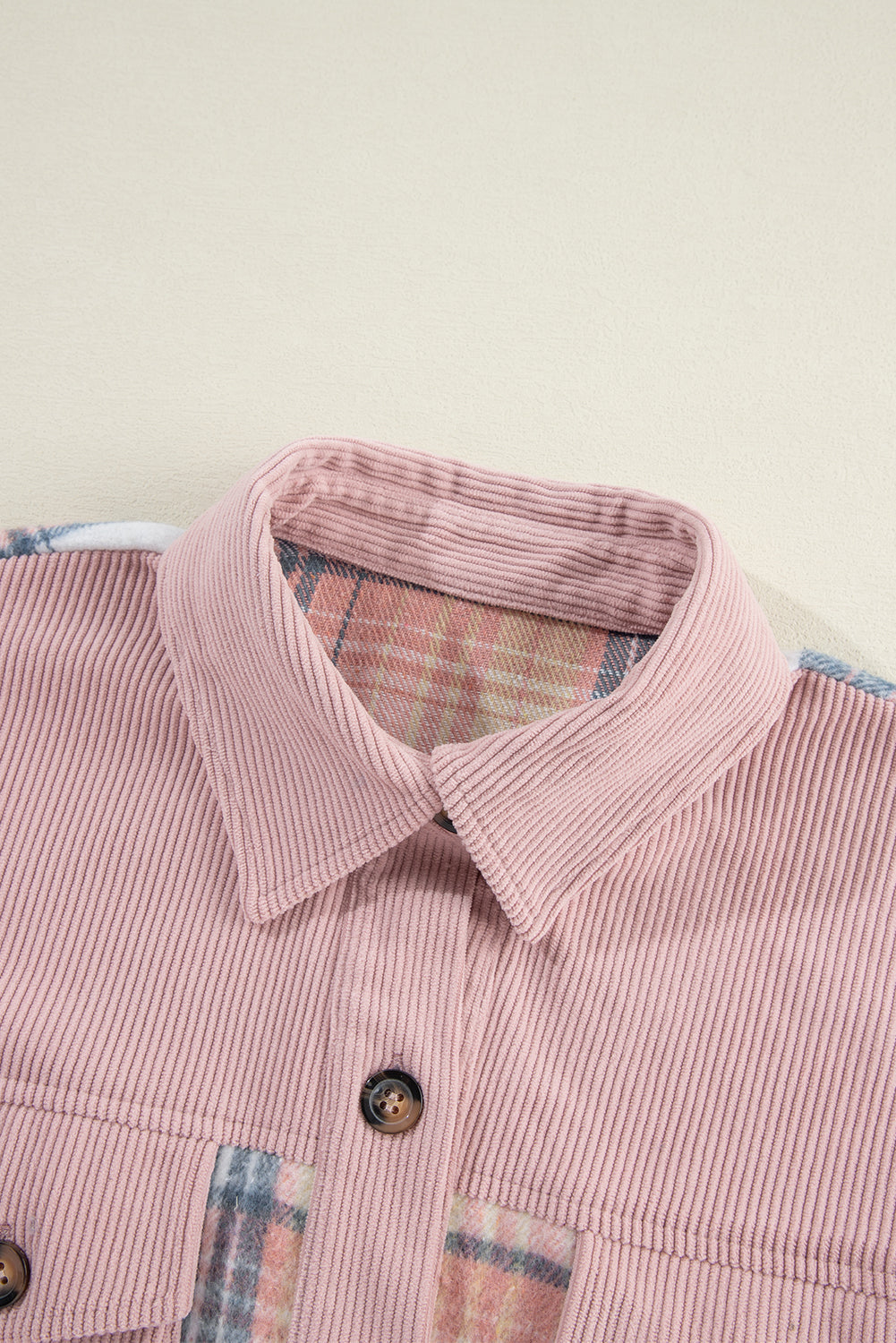 Plaid Corduroy Patchwork Chest Pocket Buttoned Shacket