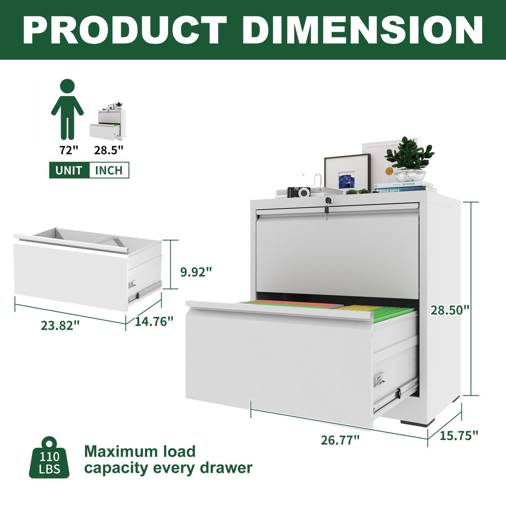 Premium 2 Drawer Metal Lateral File Cabinet with Lock, White Steel Filing Cabinet for Home Office