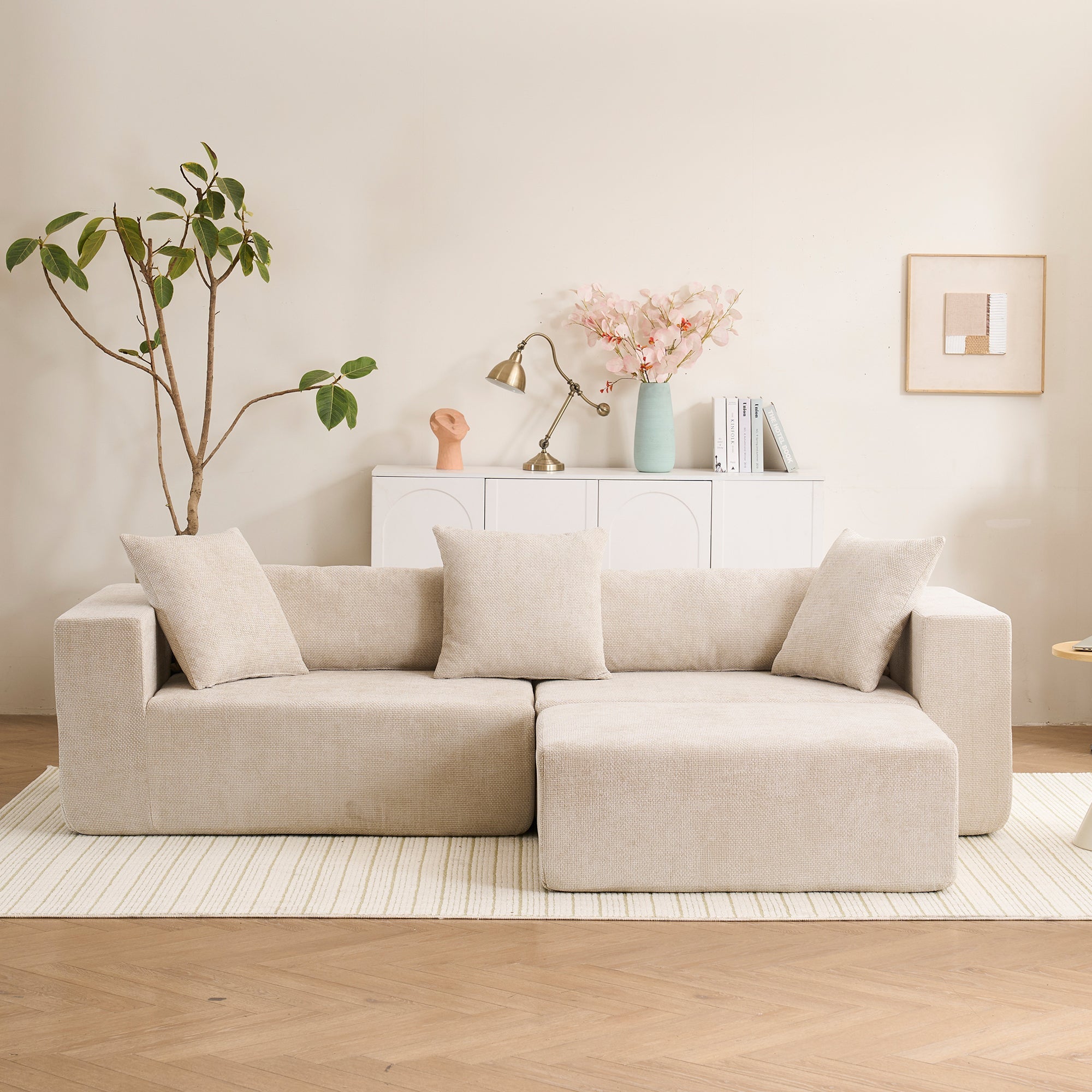 Modular cross-section with L-shaped lounge chair, cloud sofa, living room, bedroom soft cushion sofa - no installation required - chenille fabric  (Beige)