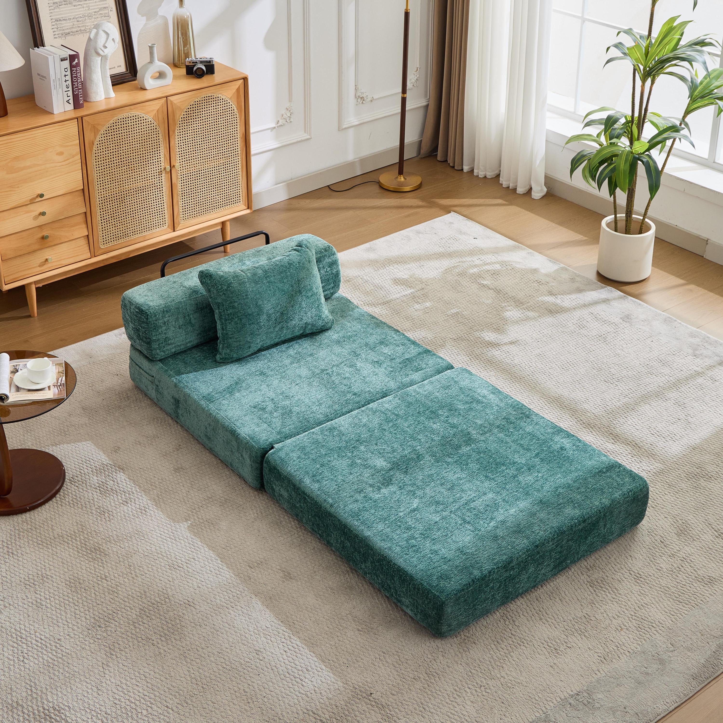 Compression Sofa,Convertible Floor Sofa Bed with Fixed-Shape Frame,Single Seater Boneless Modular Sectional Sofa,No Assembly Required,Chenille fabric,for Living Room Bedroom,Dark Green