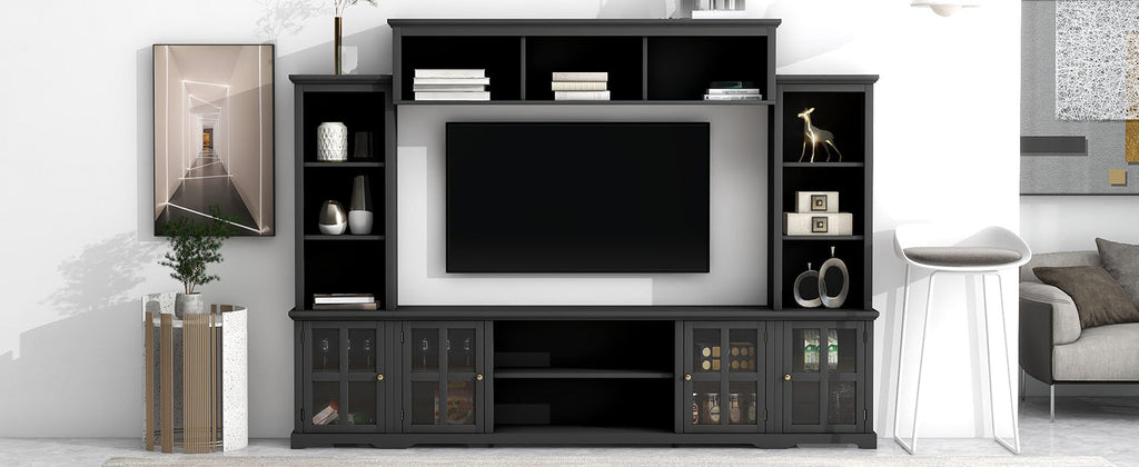 [VIDEO provided] ON-TREND Minimalism Entertainment Wall Unit with Bridge, Modern TV Console Table for TVs Up to 70', Multifunctional TV Stand with Tempered Glass Door, Black (Old SKU: SD000009AAB)