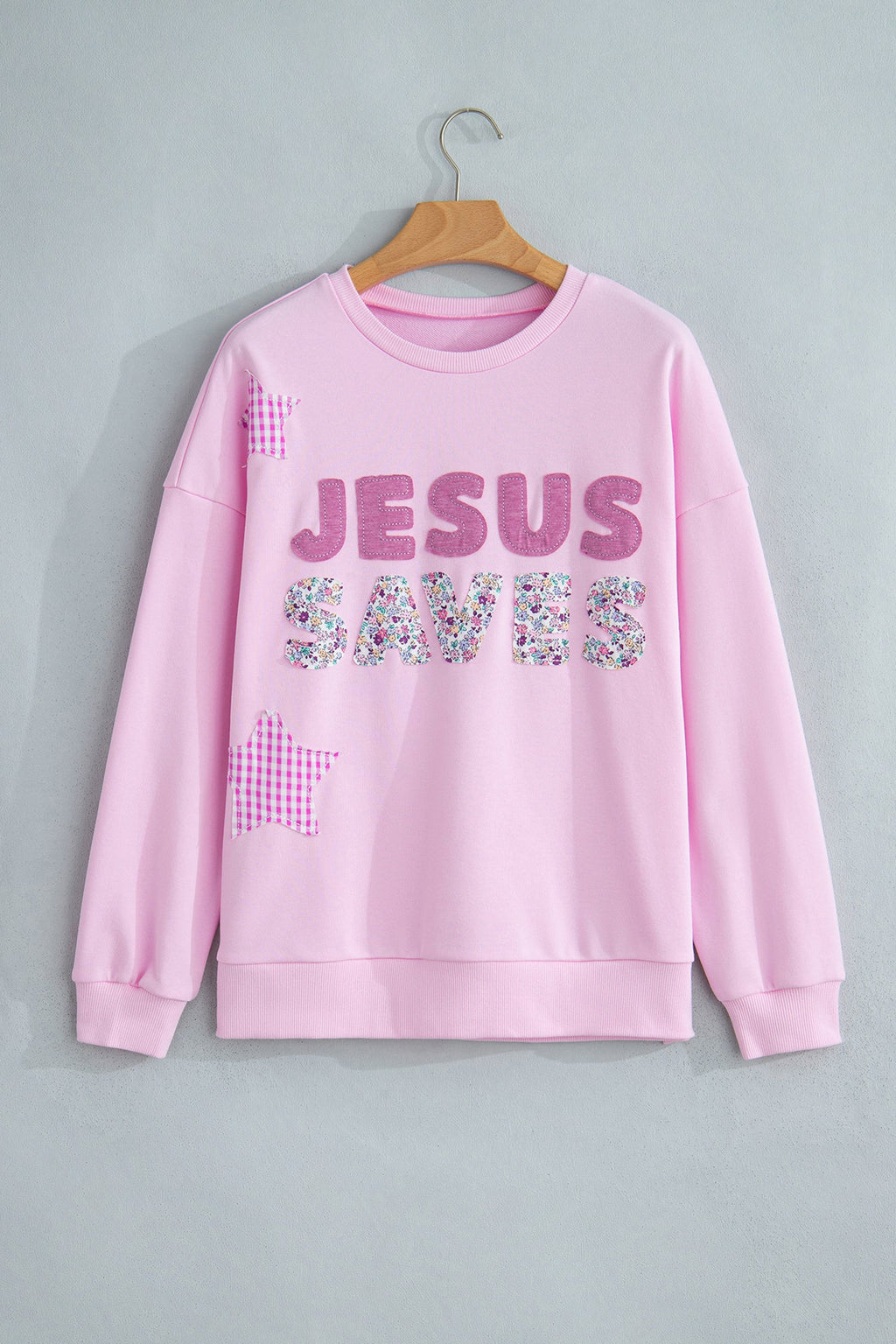 Plus Size JESUS SAVES Floral Gingham Star Patchwork Sweatshirt