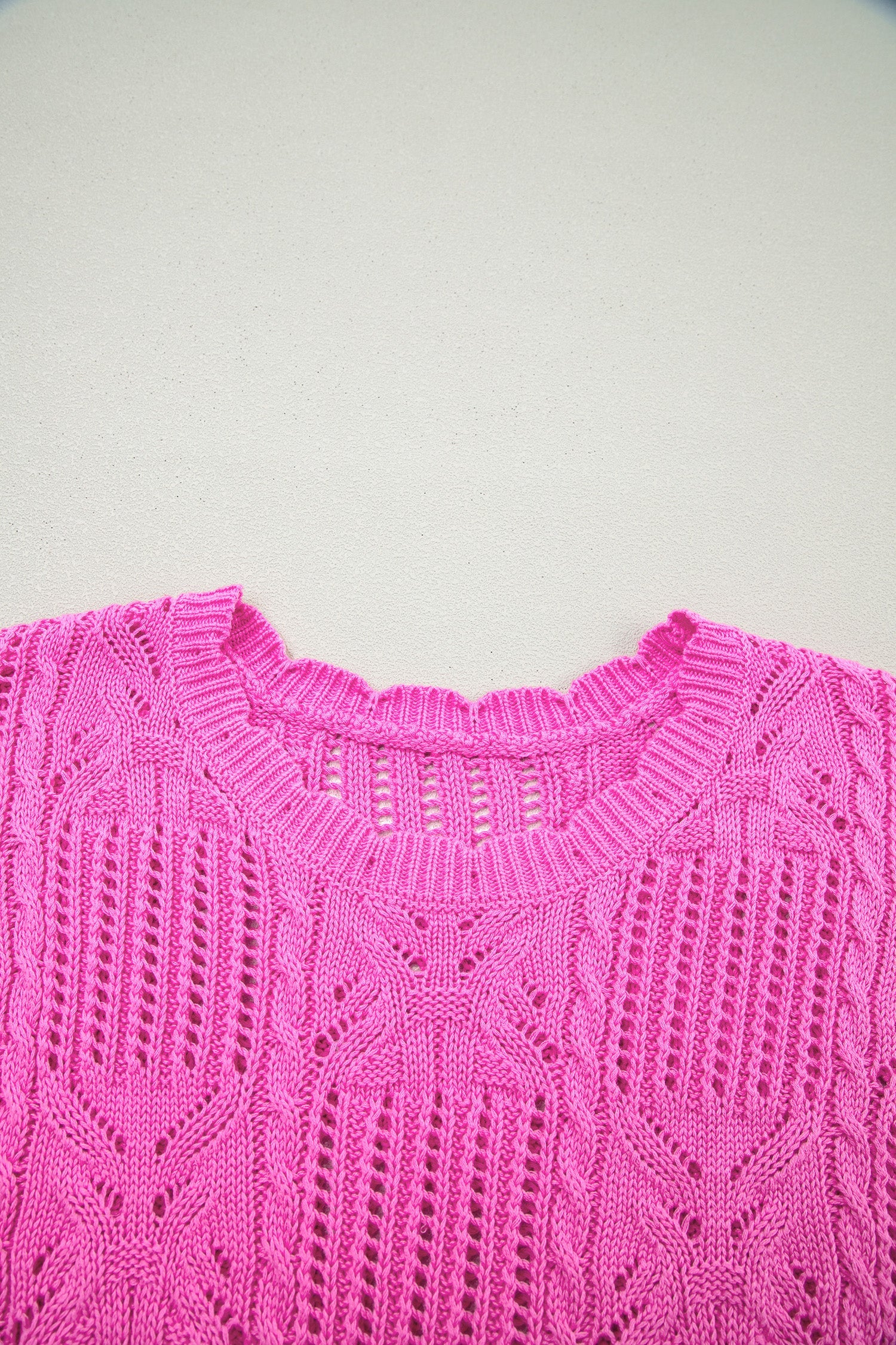 Pointelle Knit Scallop Trim Short Sleeve Sweater
