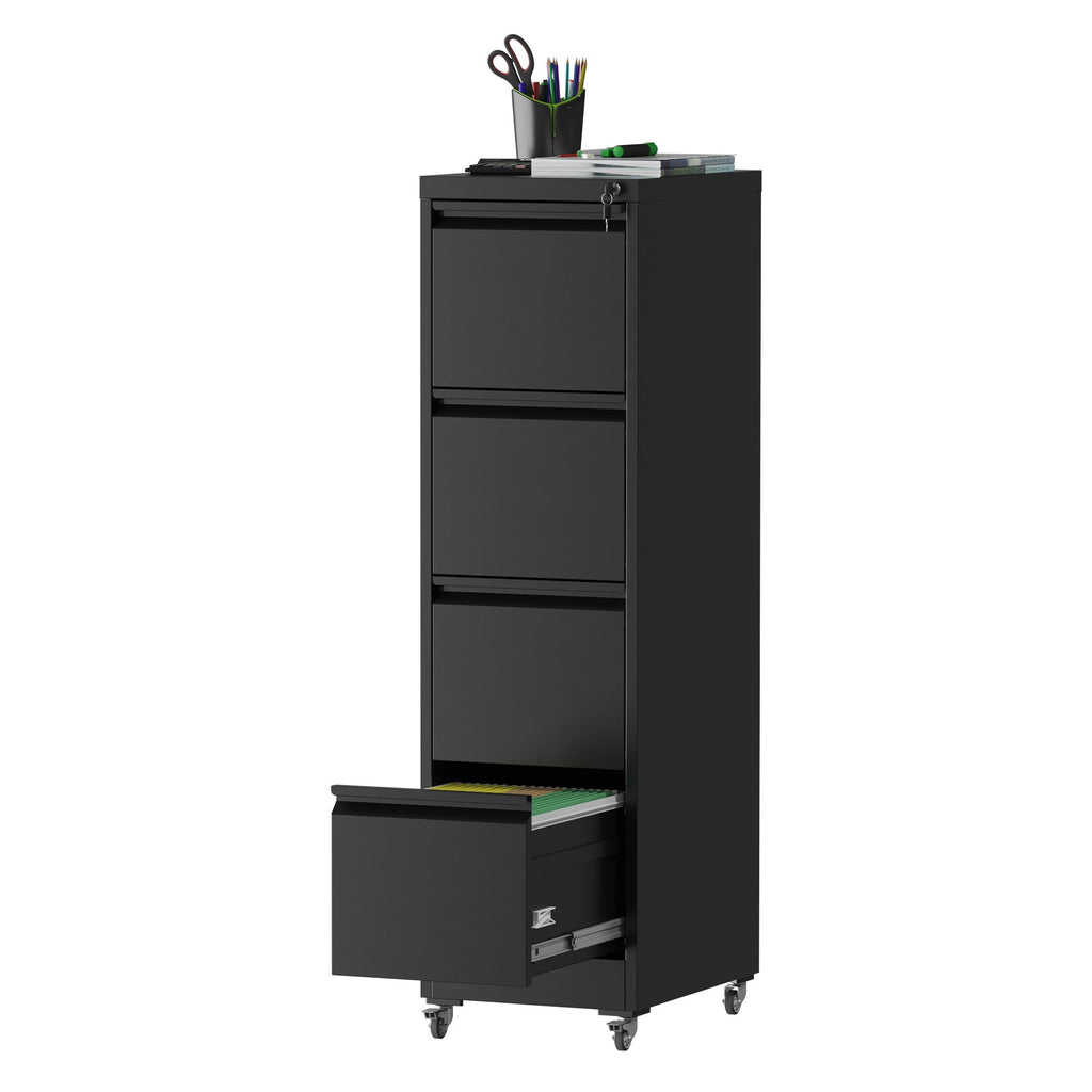 Black Heavy-Duty Metal 4 Drawer Locking Vertical File Cabinet with Wheels for Home & Office, 17.71'D x 15.16'W x 52.28'H