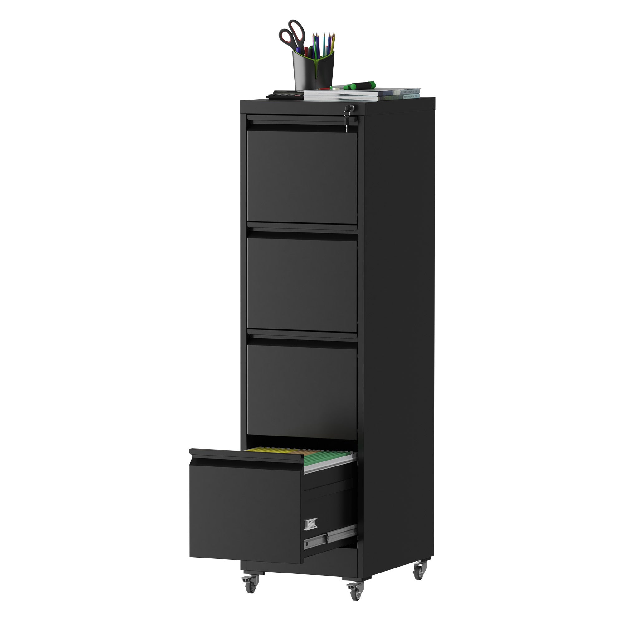 Black Heavy-Duty Metal 4 Drawer Locking Vertical File Cabinet with Wheels for Home & Office, 17.71'D x 15.16'W x 52.28'H