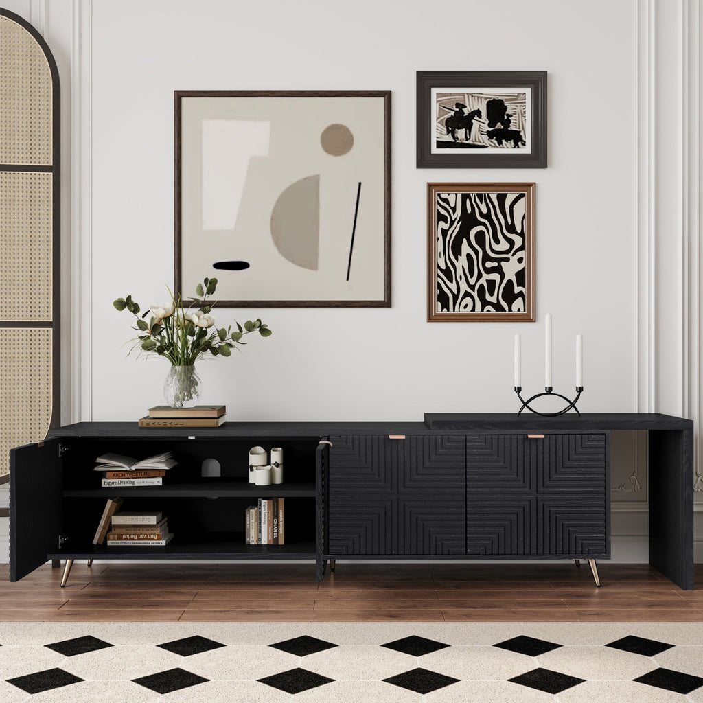 70'-90' Extendable TV Cabinet, Modern Entertainment Center with Storage and Adjustable Shelves, Lacquered and Real Wood Veneered TV Console for Living Room, Hallway, Entryway, Black