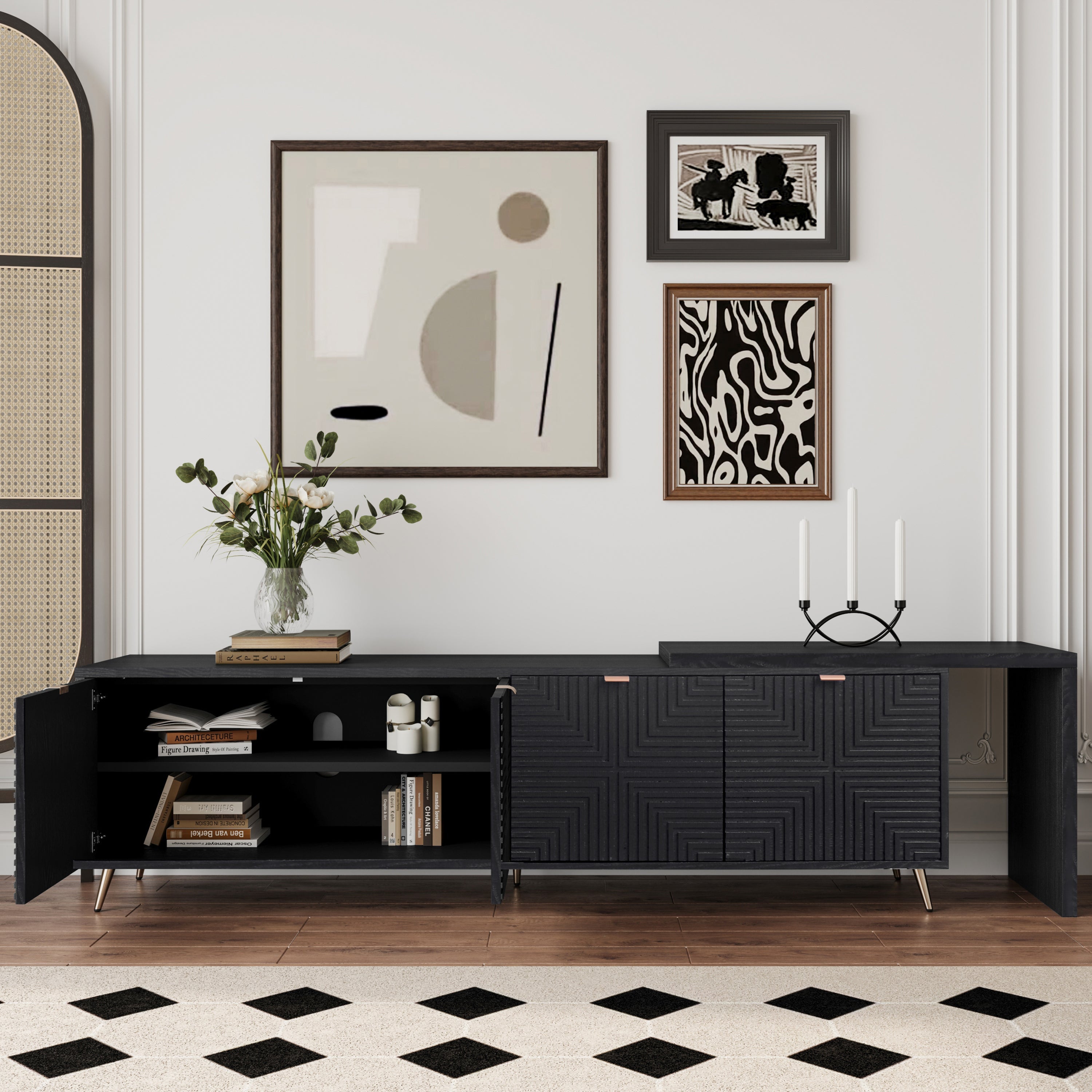 70'-90' Extendable TV Cabinet, Modern Entertainment Center with Storage and Adjustable Shelves, Lacquered and Real Wood Veneered TV Console for Living Room, Hallway, Entryway, Black
