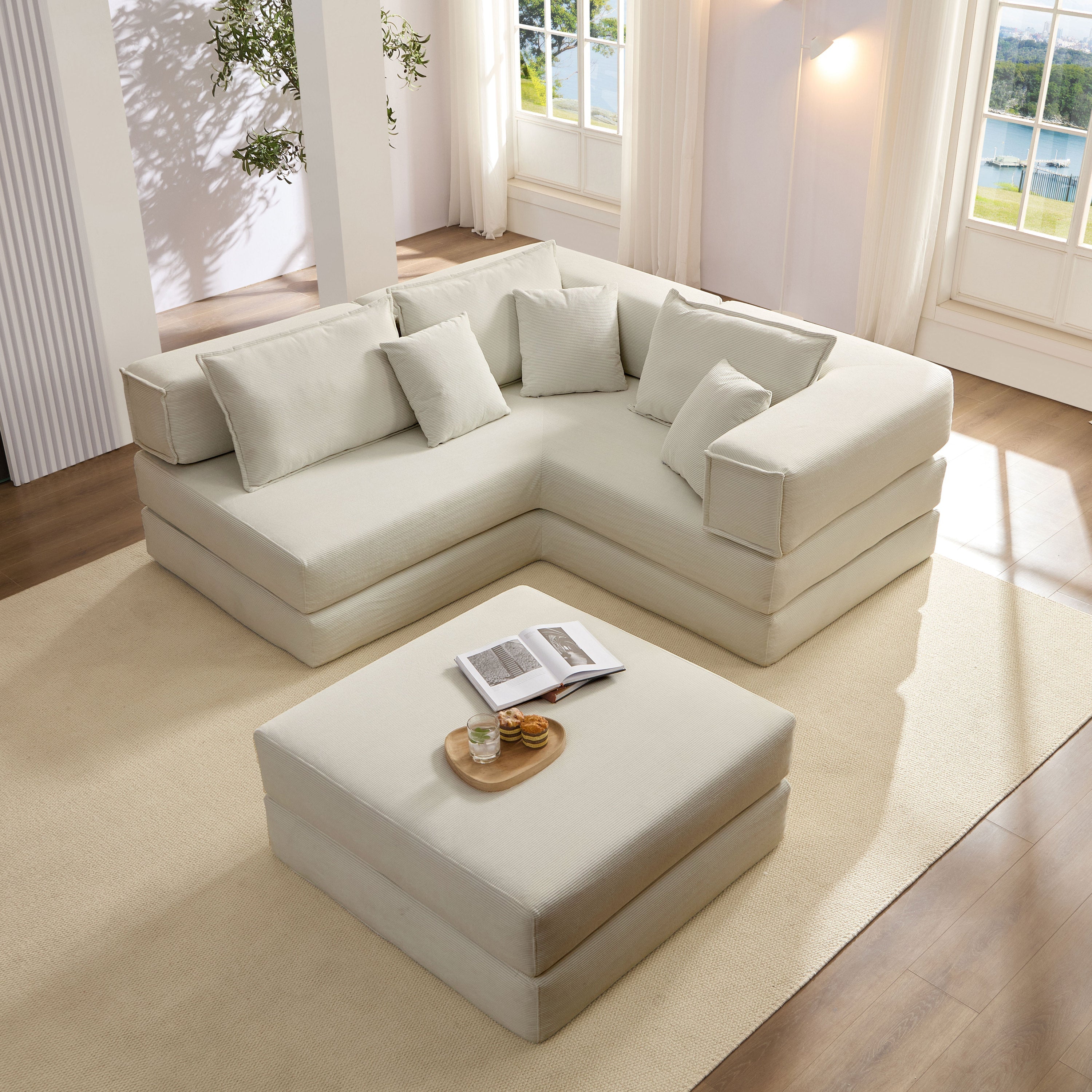 Oversized Upholstered Sectional Sofa Couch Set, Modular 118.2 ' L Shaped Floor Living Room Sofa Set With 6 Pillows, DIY Combination Sofa Couch for living rooms, apartments,bedrooms, Light Grey
