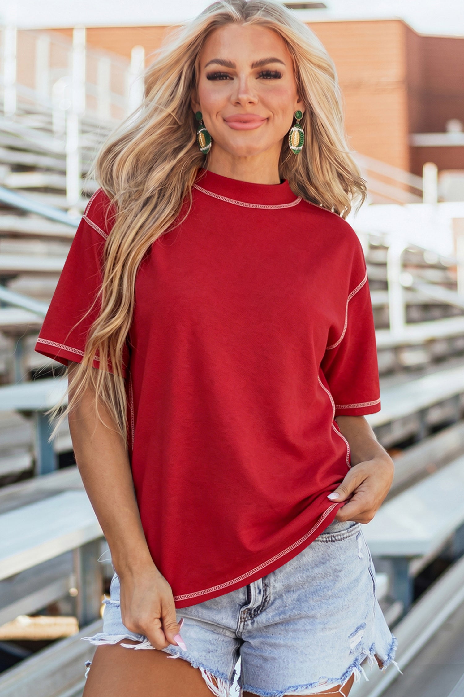 Reversible Contrast Stitching Mock Neck T-Shirt