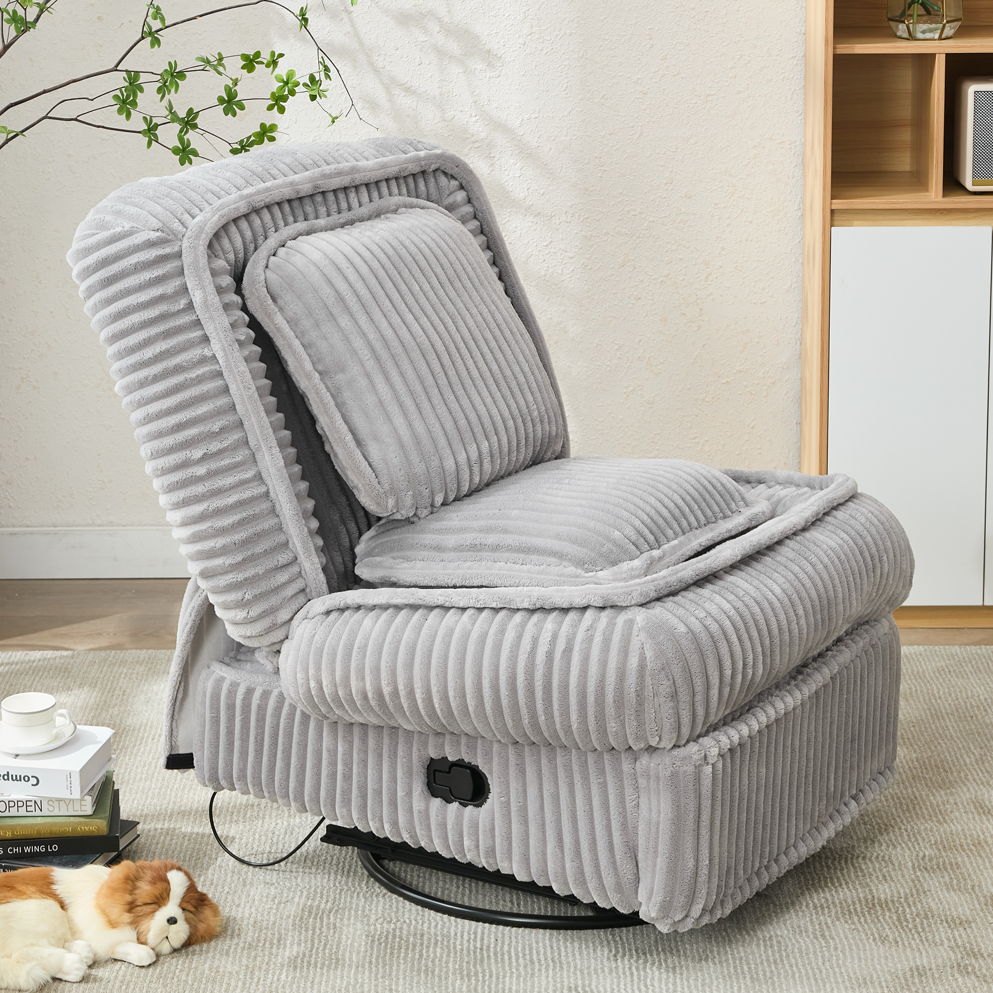 [NEW ARRIVED] 360° Swivel Rocking Single Sofa,Recliner Sofa, Manual Glider Rocking Armless Chair,Living Room Office, With Adjustable Backrest and Footrest and pillows, Small Spaces,Corduroy , Gray