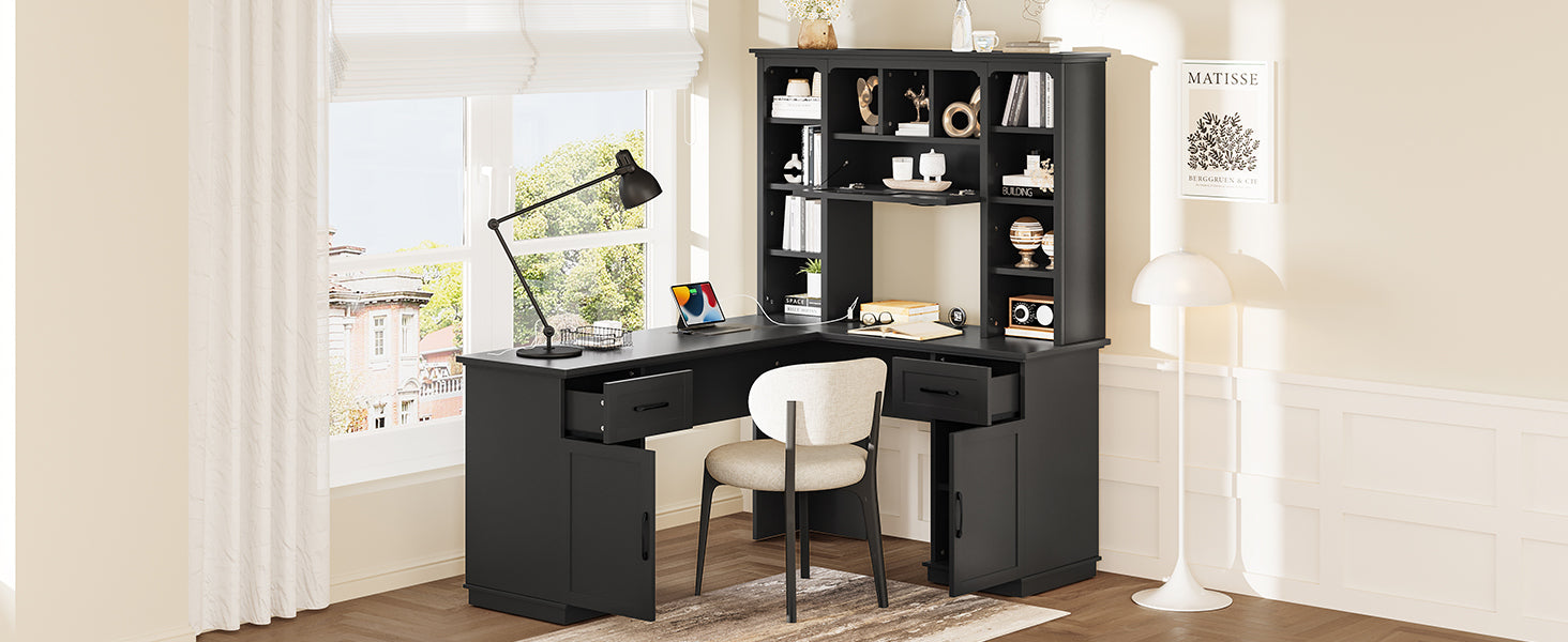 L-shaped computer desk with 2 cabinets and 2 drawers underneath the table, 11 open shelves and a flip-up shelf with storage on the right side, suitable for study, living room and office, Black