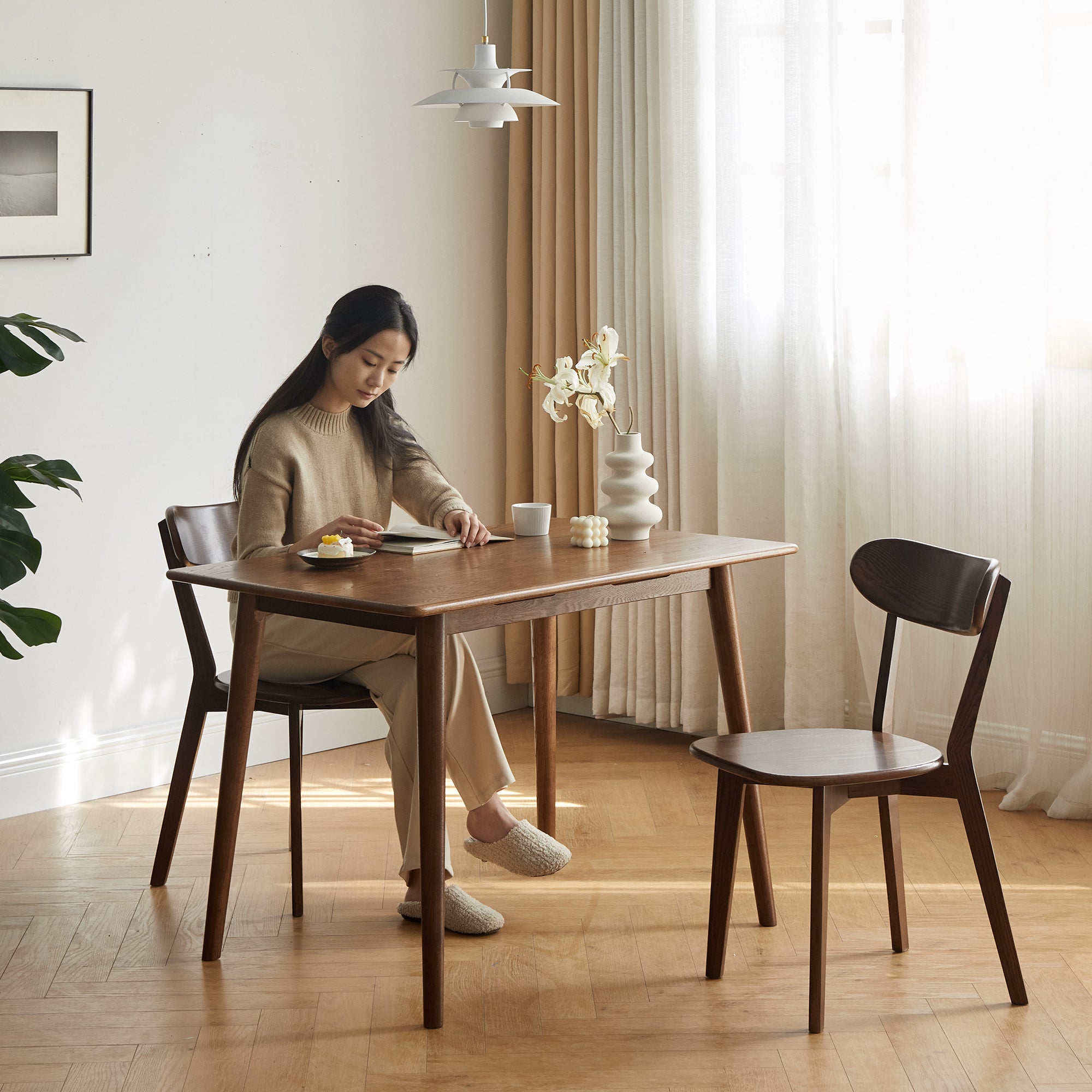 Natural Oak Dining Chair Set of 2 - Solid Wood, Walnut Finish, 46.5 * 54 * 80cm