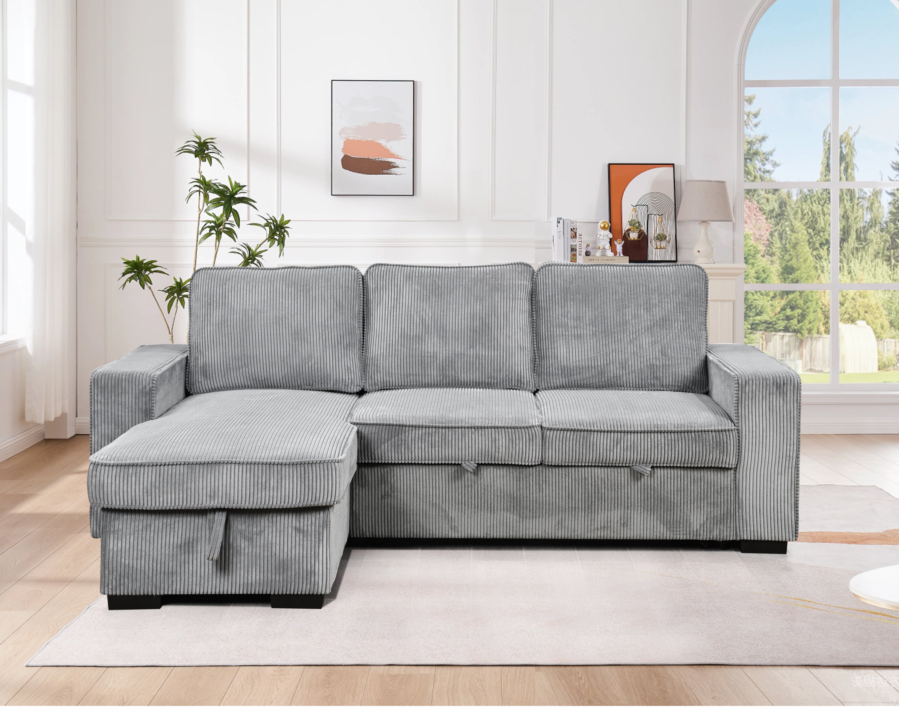 Modern Sofa L-Shaped Sectional Sofa Pull Out SofaBed Convertible Sleeper Sofa Bed with Storage Chaise & USB Port & Cup Holder for Living Room - Light Gray