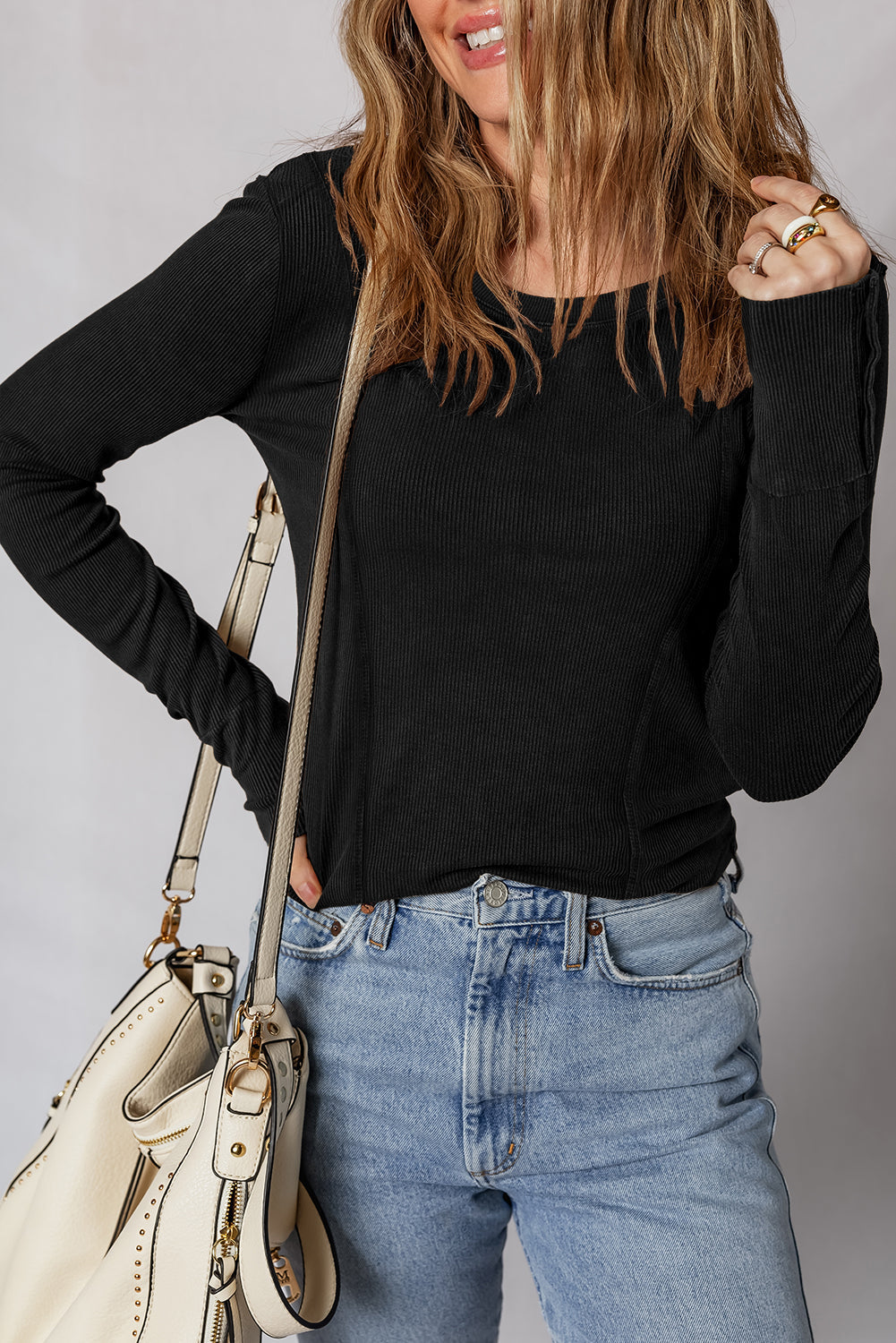 Solid Ribbed Knit Buttoned Long Sleeve Top