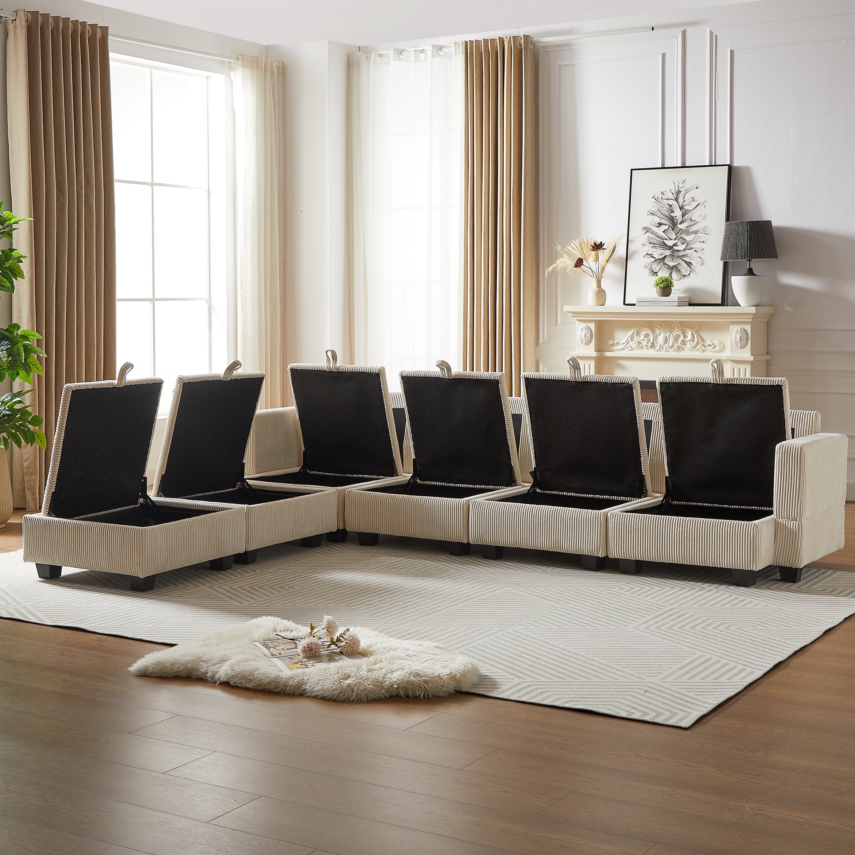 113.5'' Modular Sectiona Corduroy Sofa, Sectional Couches for Living Room U Shaped Sectional Couch with Storage Ottoman, 6 Seats Convertible Sectionals with Chaise