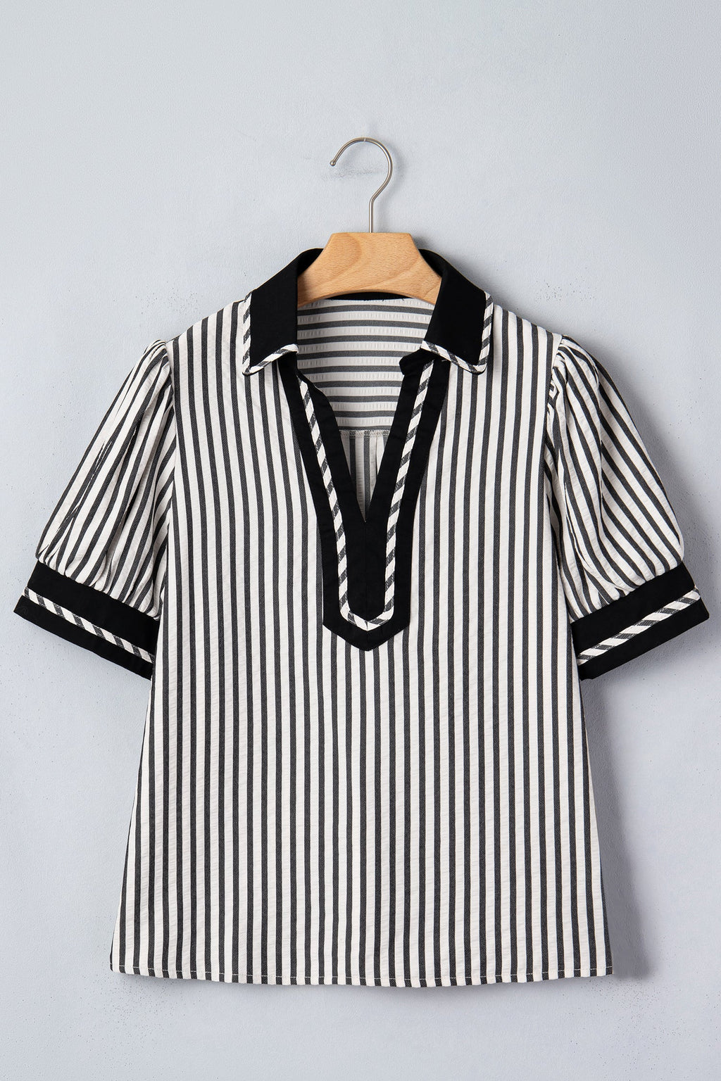 Stripe Collared V-Neck Bubble Sleeve Blouse