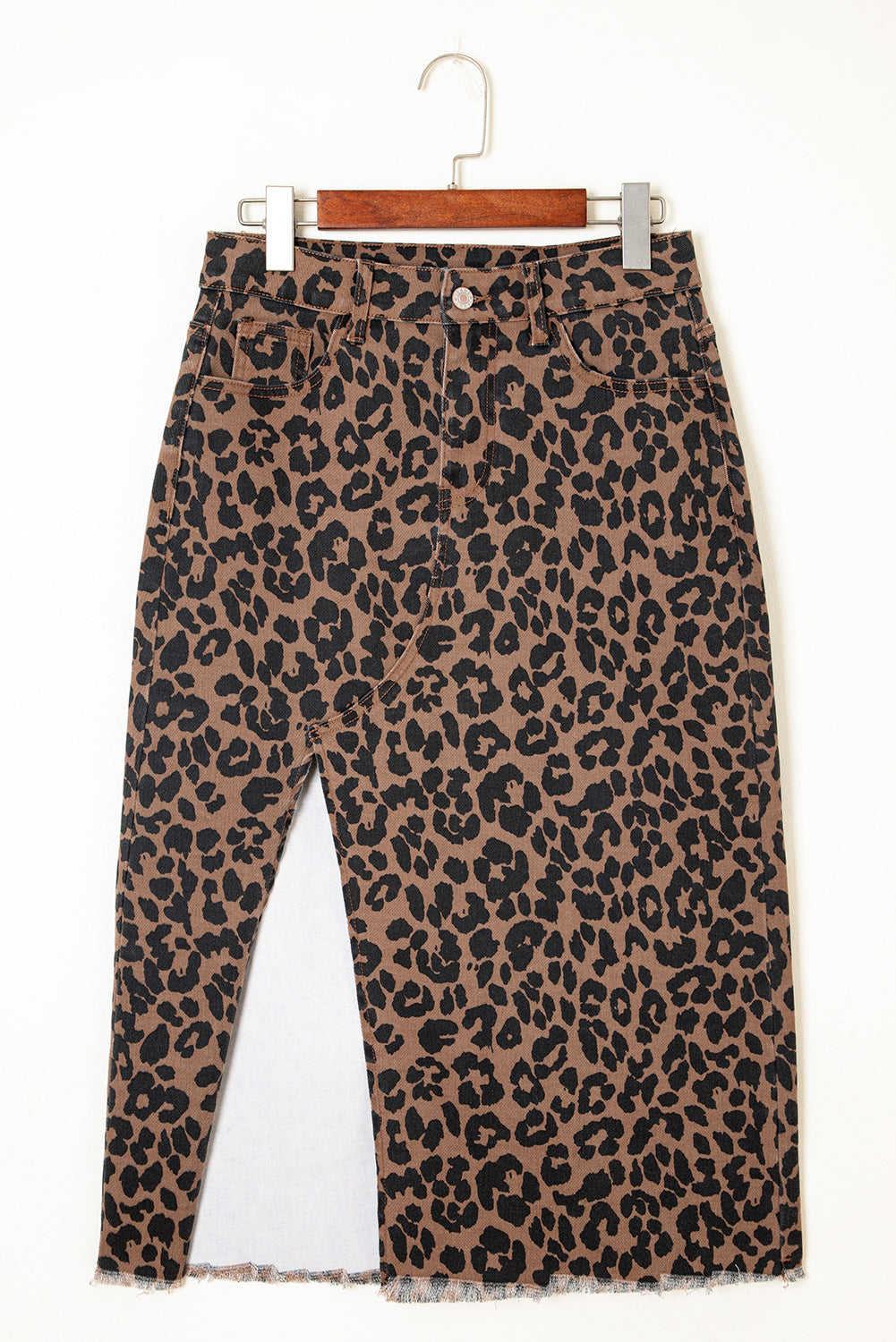 Brown Leopard Frayed Split Denim Midi Skirt With Pockets