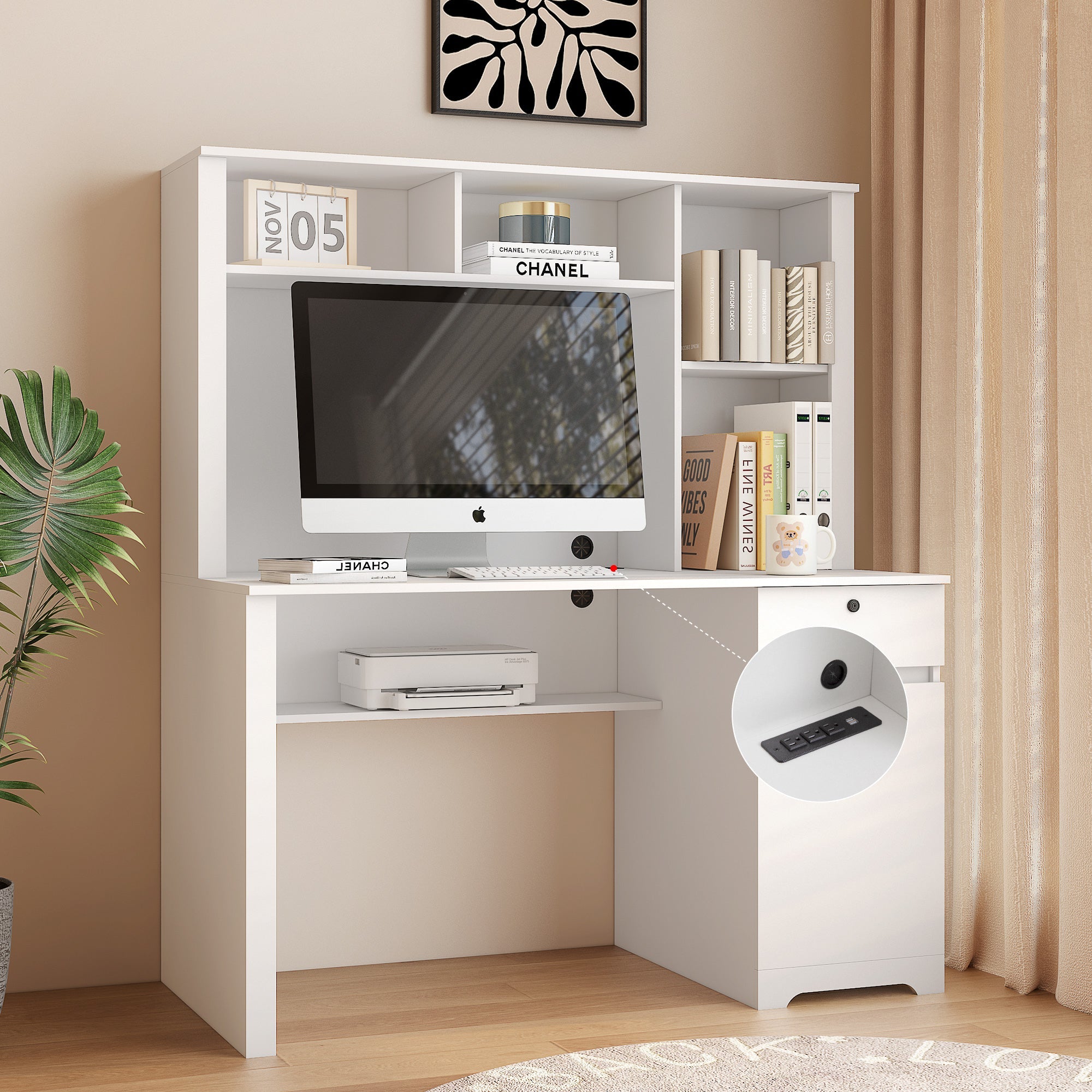 Modern Wooden Computer Desk with Hutch & Bookshelf, White Home Office Desk with Drawers, 3 AC Outlets, 2 USB Ports
