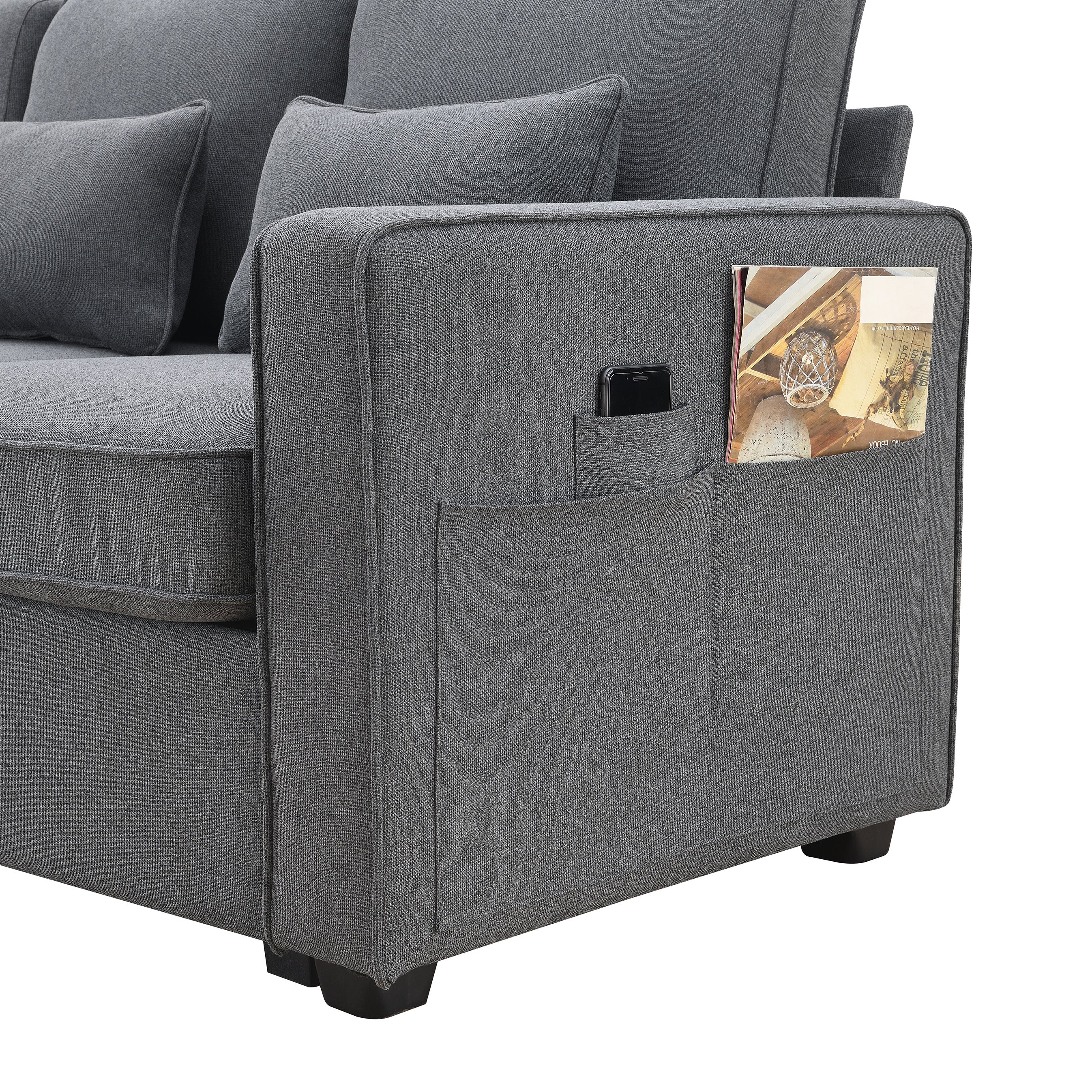 [VIDEO provided] [New] 104' 4-Seater Modern Linen Fabric Sofa with Armrest Pockets and 4 Pillows,Minimalist Style Couch for Living Room, Apartment, Office,3 Colors
