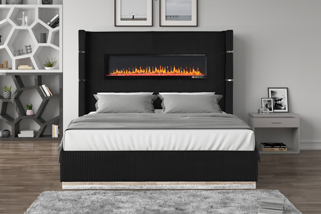 LIZZELLE Upholstery Wooden King 5 PC Bedroom set with Ambient lighting in Black Velvet Finish(NJ INVENTORY)