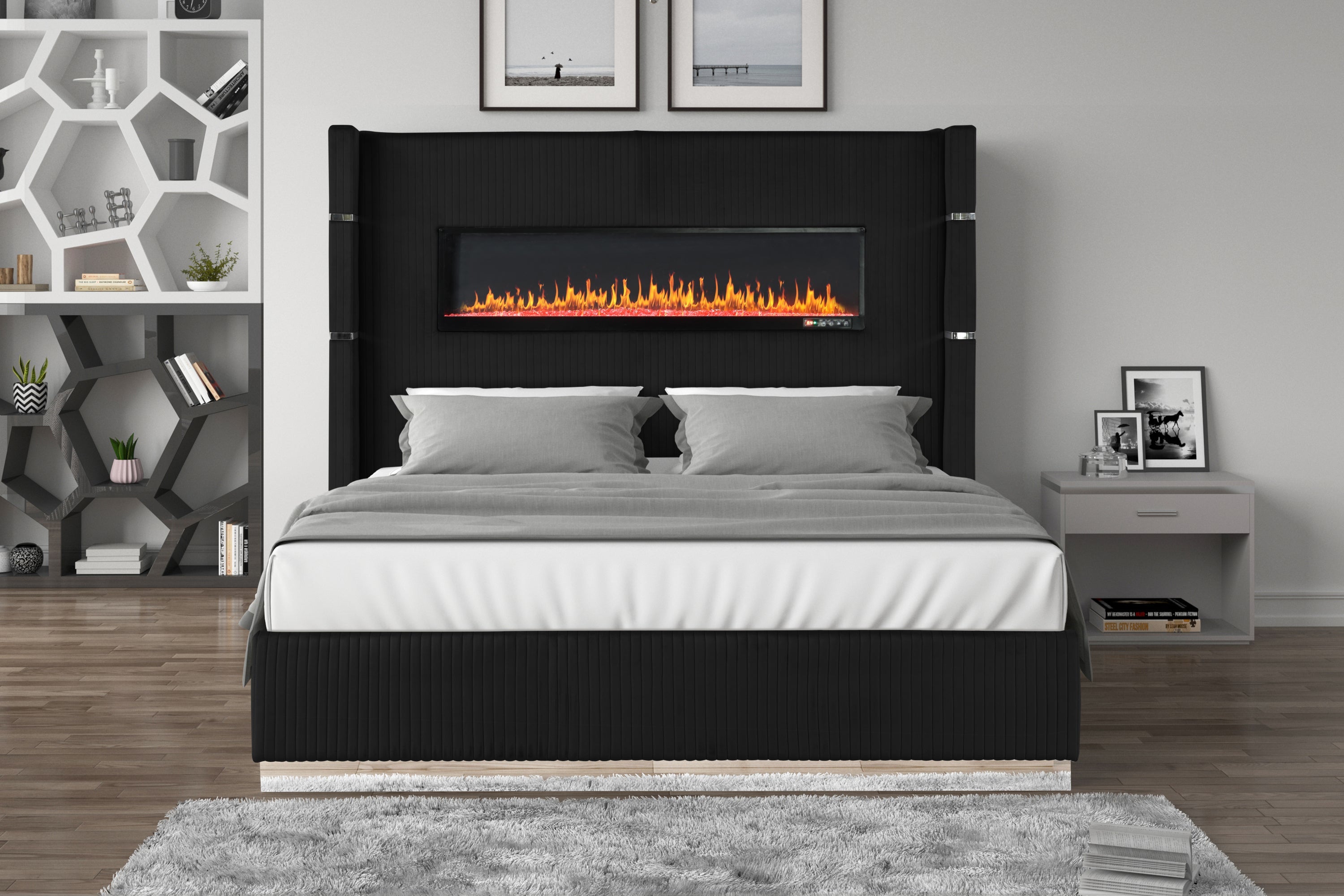 LIZZELLE Upholstery Wooden King 5 PC Bedroom set with Ambient lighting in Black Velvet Finish(NJ INVENTORY)