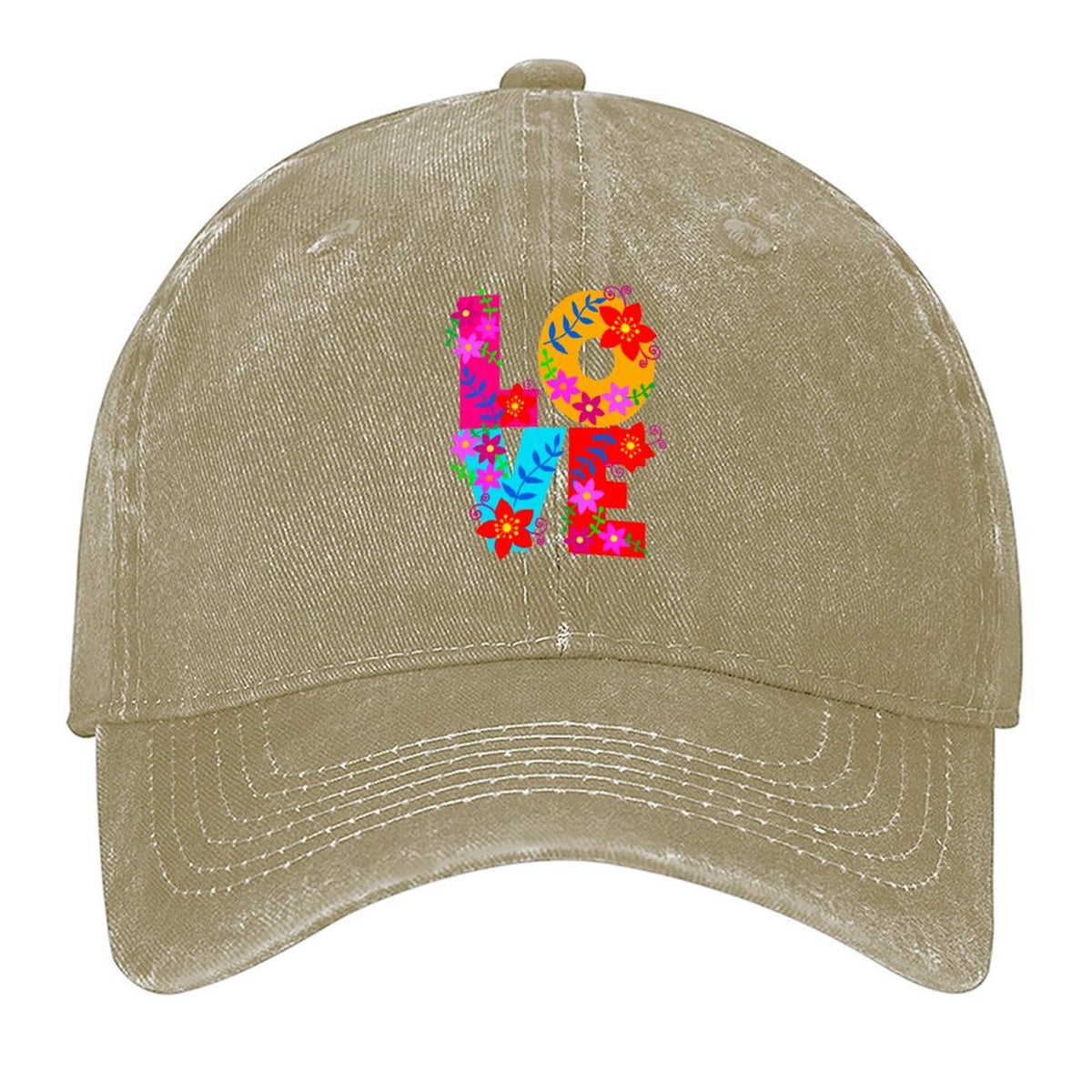 Floral LOVE Cotton Vintage Washed Denim Baseball Cap (Front Printing)