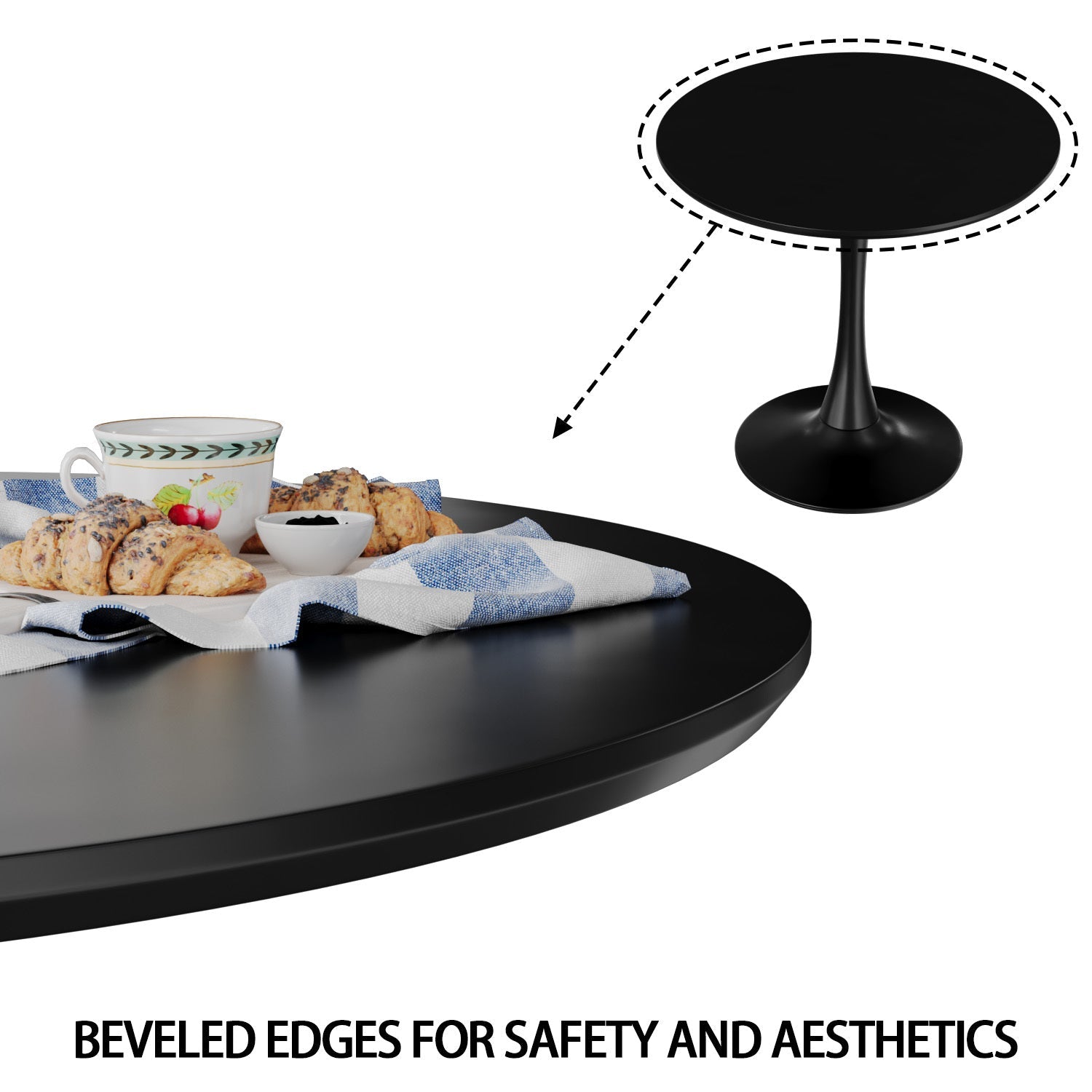 Mid-Century Black Round Dining Table with MDF Top & Pedestal Base for 2-4 People