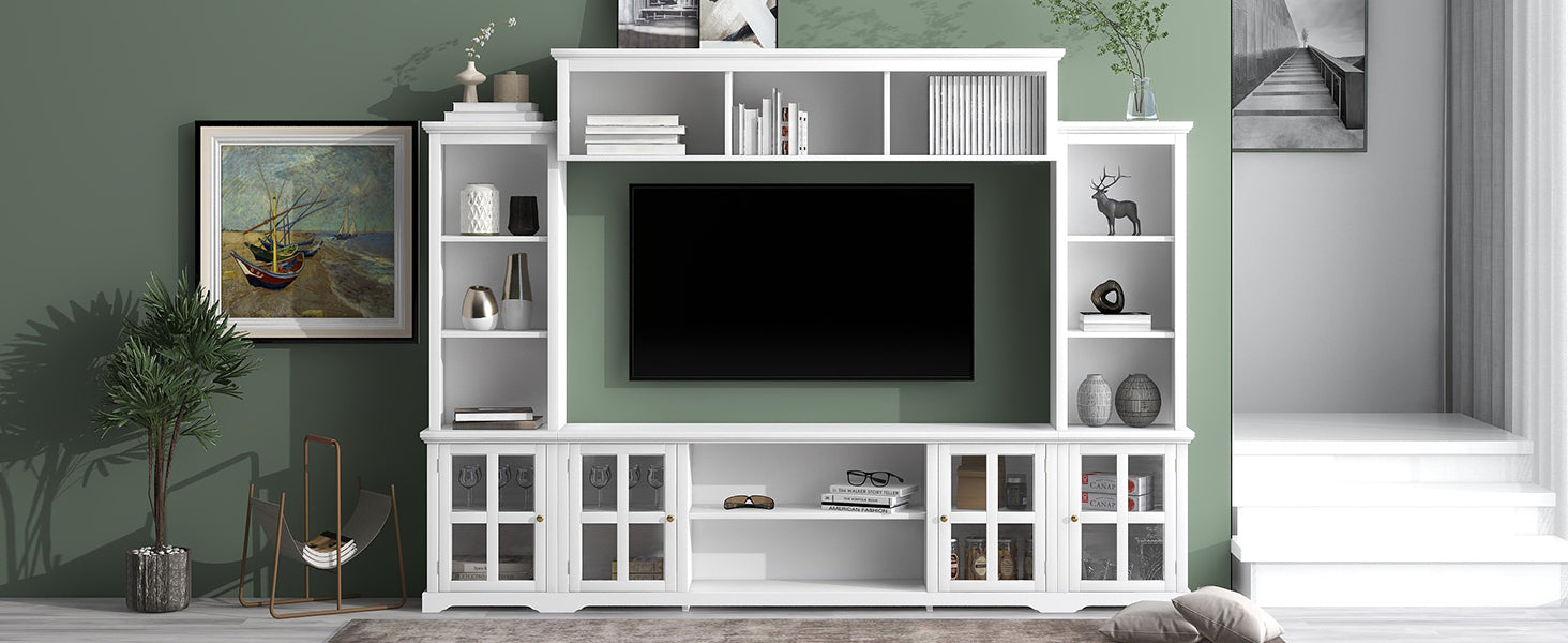 [VIDEO provided] ON-TREND Minimalism Entertainment Wall Unit with Bridge, Modern TV Console Table for TVs Up to 70', Multifunctional TV Stand with Tempered Glass Door, White (Old SKU: SD000009AAK)