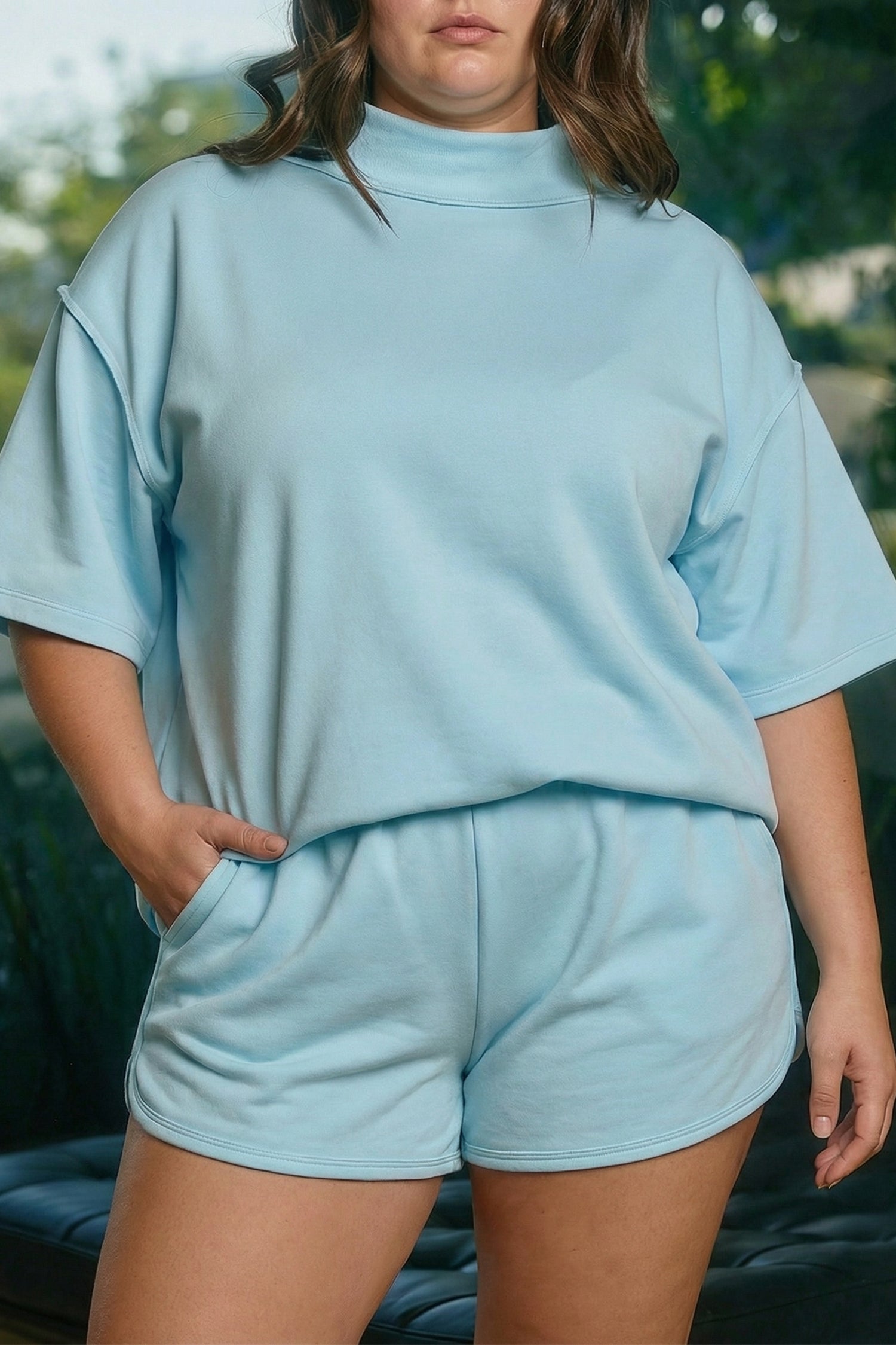Plus Size Mock Neck Exposed Seam Tunic Top & Shorts Set