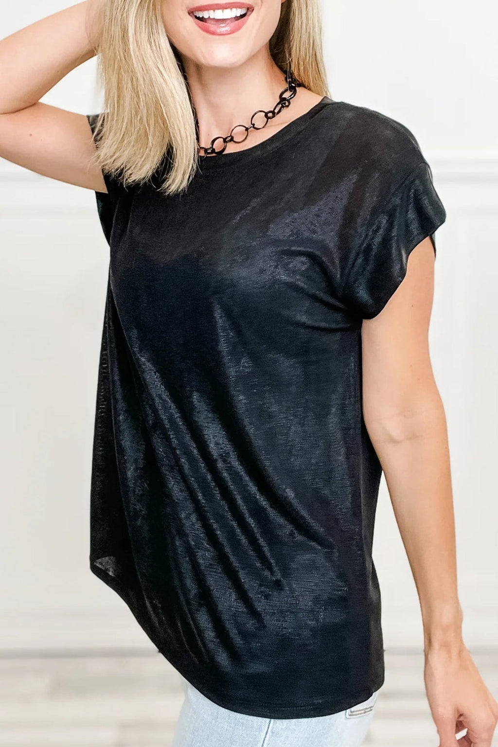 Metallic Round Neck Cap Sleeve Tee