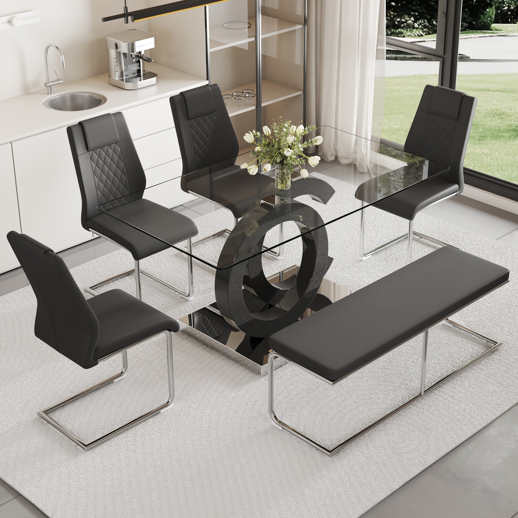 Table and chair set. Luxury Tempered Glass Dining Table Set - 63'x35.4' With 4 Chairs and 1 Bench,A Choice of Subtle Luxury for Modern Homes.Tempered Glass Tabletop,MDF OC Shaped Bracket.W1151S02896