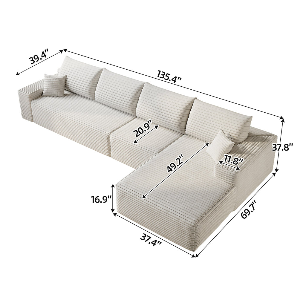 135' Cloud Sectional Couch with L-Shape Chaise,Modern Modular Sofa with Deep Seat, Upholstered Couches for Living Room Bedroom,No Assembly Required, (Plush Corduroy Fabric),White