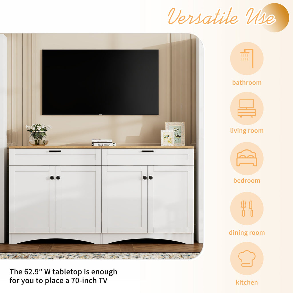 ON-TREND 3-Piece Farmhouse Entertainment Center with Storage Cabinet for TVs Up to 70', Mid-Century TV Stand with Bookshelf, Rustic Versatile Sideboard with Adjustable Shelves for Living Room, White