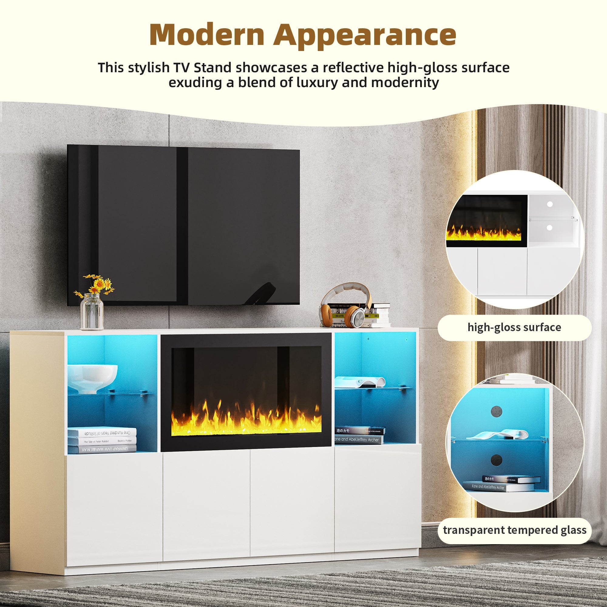 ON-TREND High Gloss TV Stand with 34.2' Non-heating Electric Fireplace, Modern Entertainment Center with LED Light, Media Console with Tempered Glass Shelves for TVs up to 75', Living Room, White